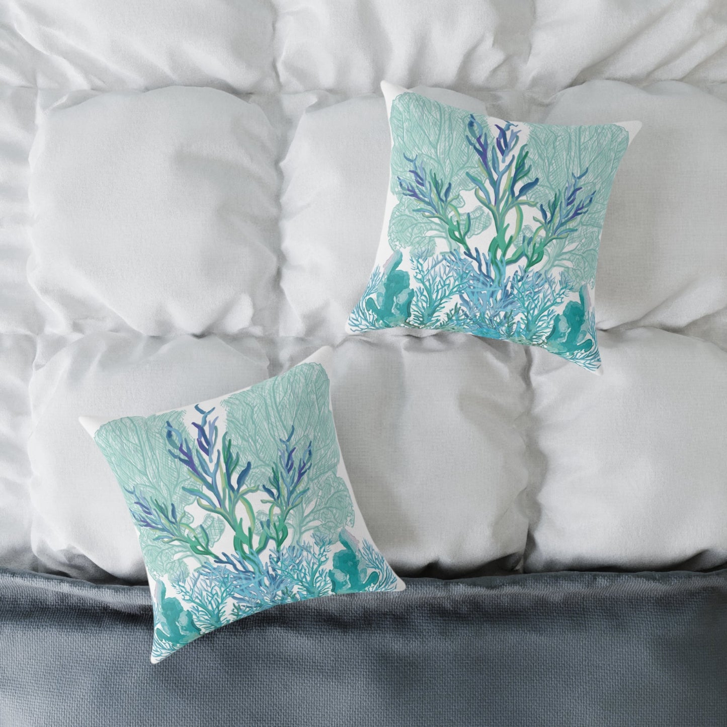 Coastal Coral Pillow - Ocean Inspired Square Poly Canvas Cushion - Blue Cava