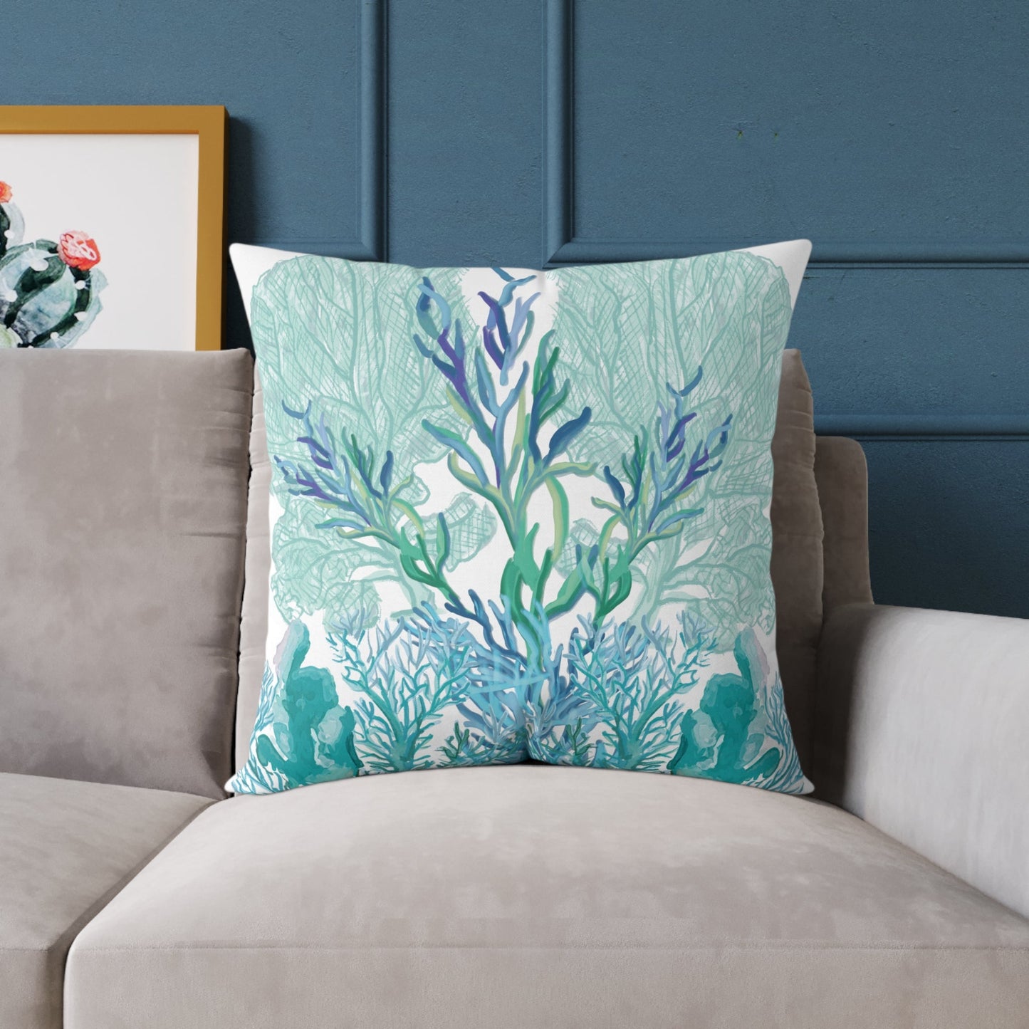 Coastal Coral Pillow - Ocean Inspired Square Poly Canvas Cushion - Blue Cava