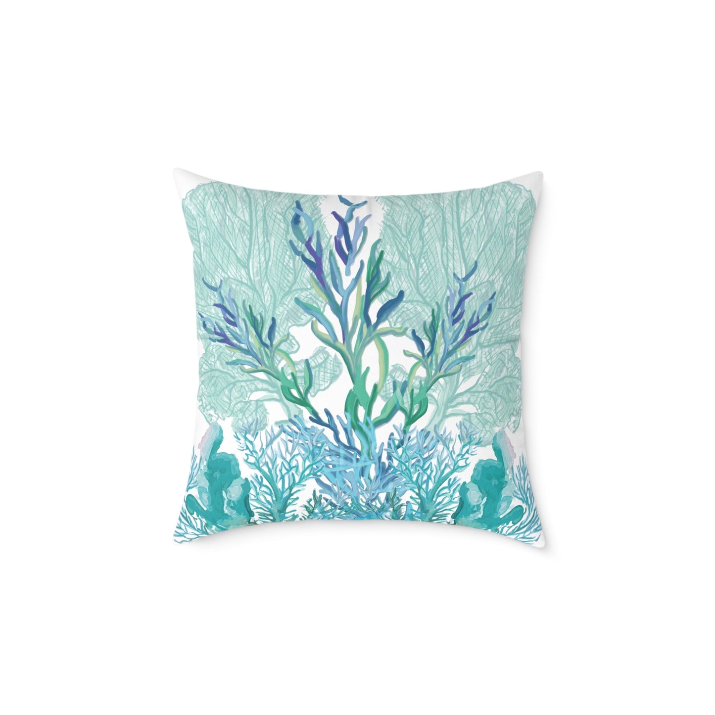 Coastal Coral Pillow - Ocean Inspired Square Poly Canvas Cushion - Blue Cava