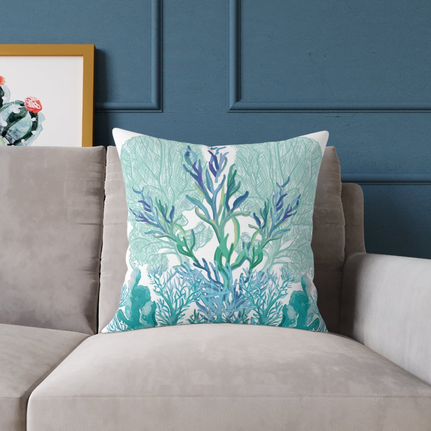 Coastal Coral Pillow - Ocean Inspired Square Poly Canvas Cushion - Blue Cava