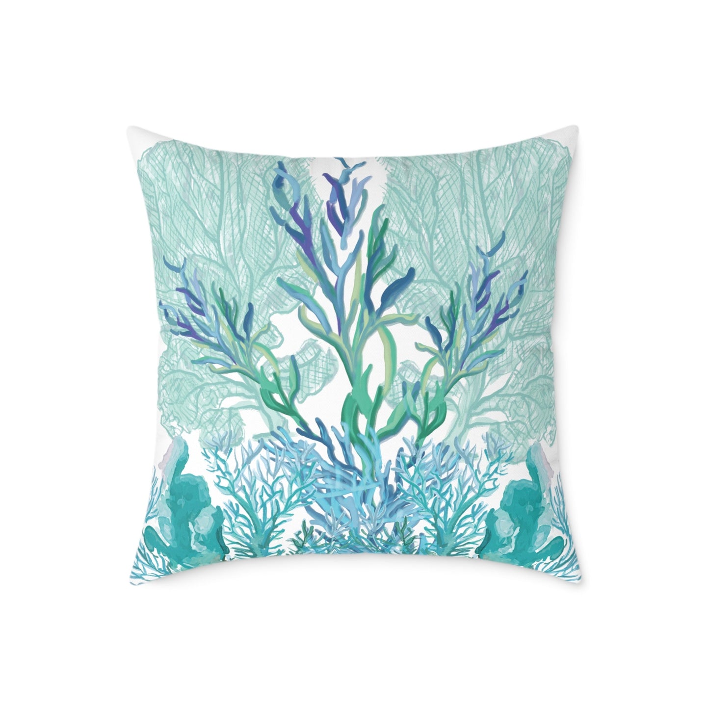 Coastal Coral Pillow - Ocean Inspired Square Poly Canvas Cushion - Blue Cava