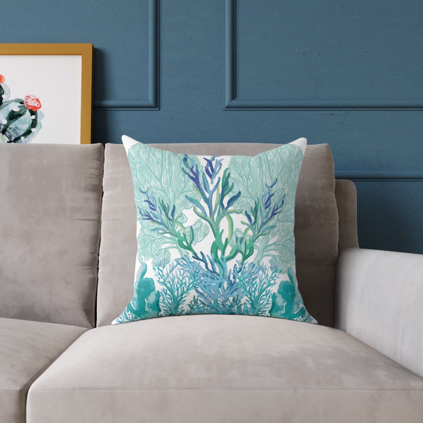 Coastal Coral Pillow - Ocean Inspired Square Poly Canvas Cushion - Blue Cava