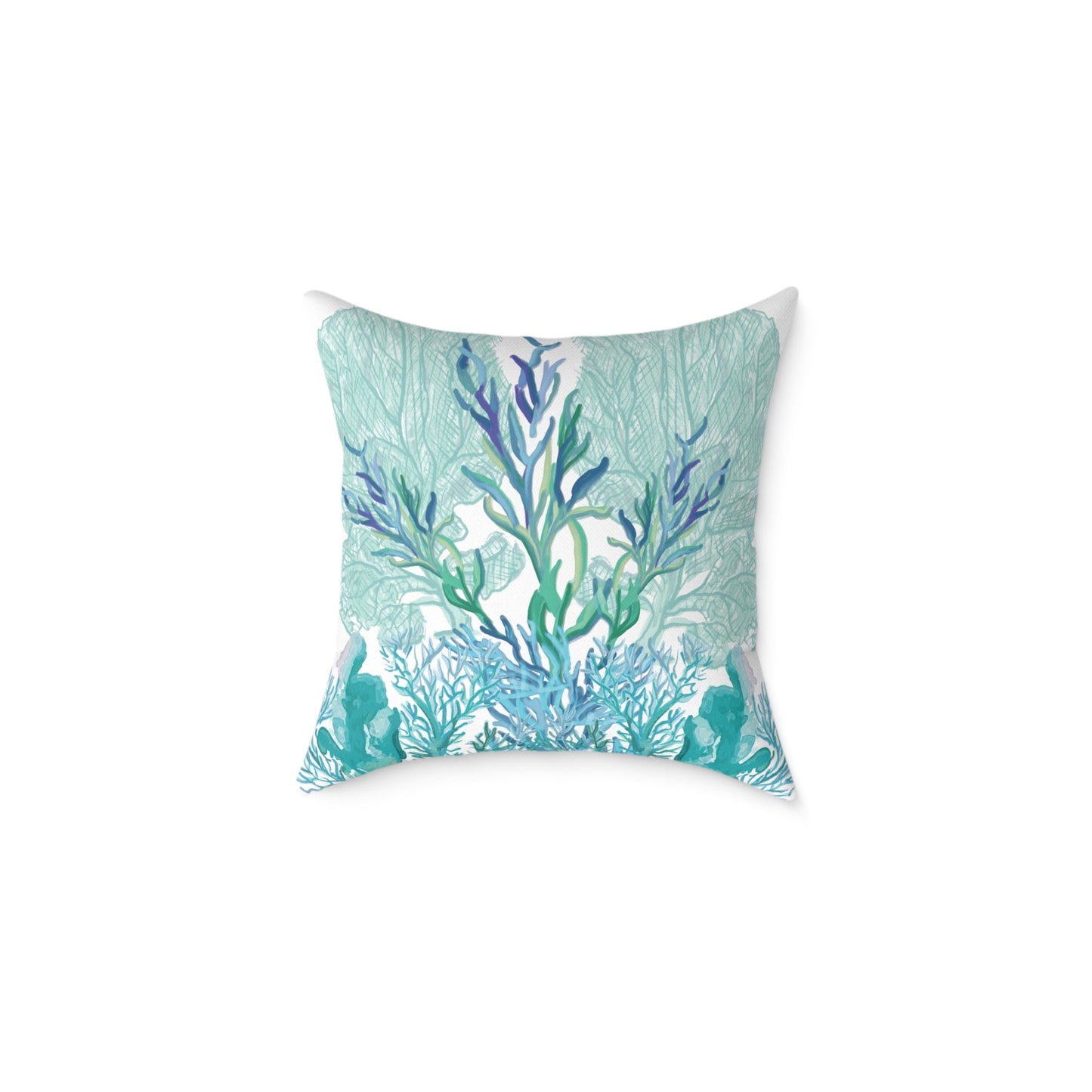Coastal Coral Pillow - Ocean Inspired Square Poly Canvas Cushion - Blue Cava