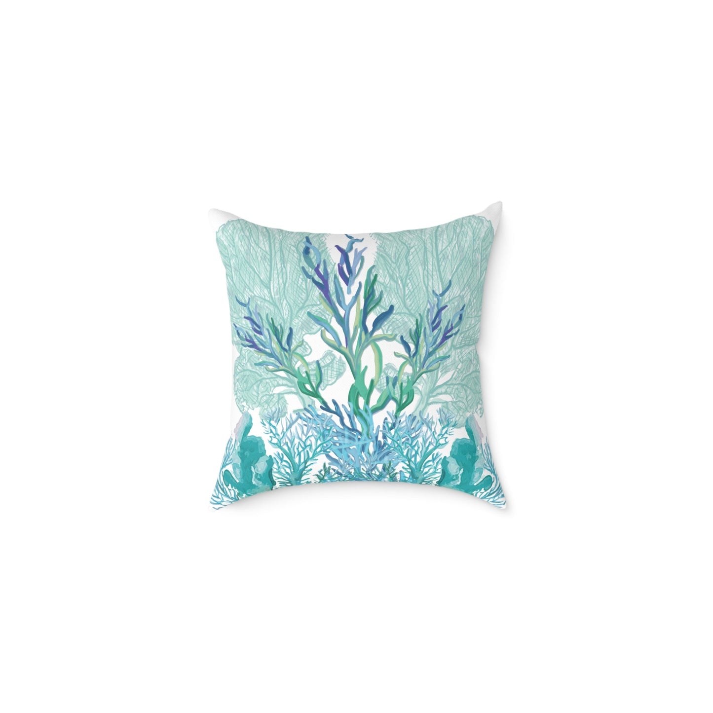 Coastal Coral Pillow - Ocean Inspired Square Poly Canvas Cushion - Blue Cava
