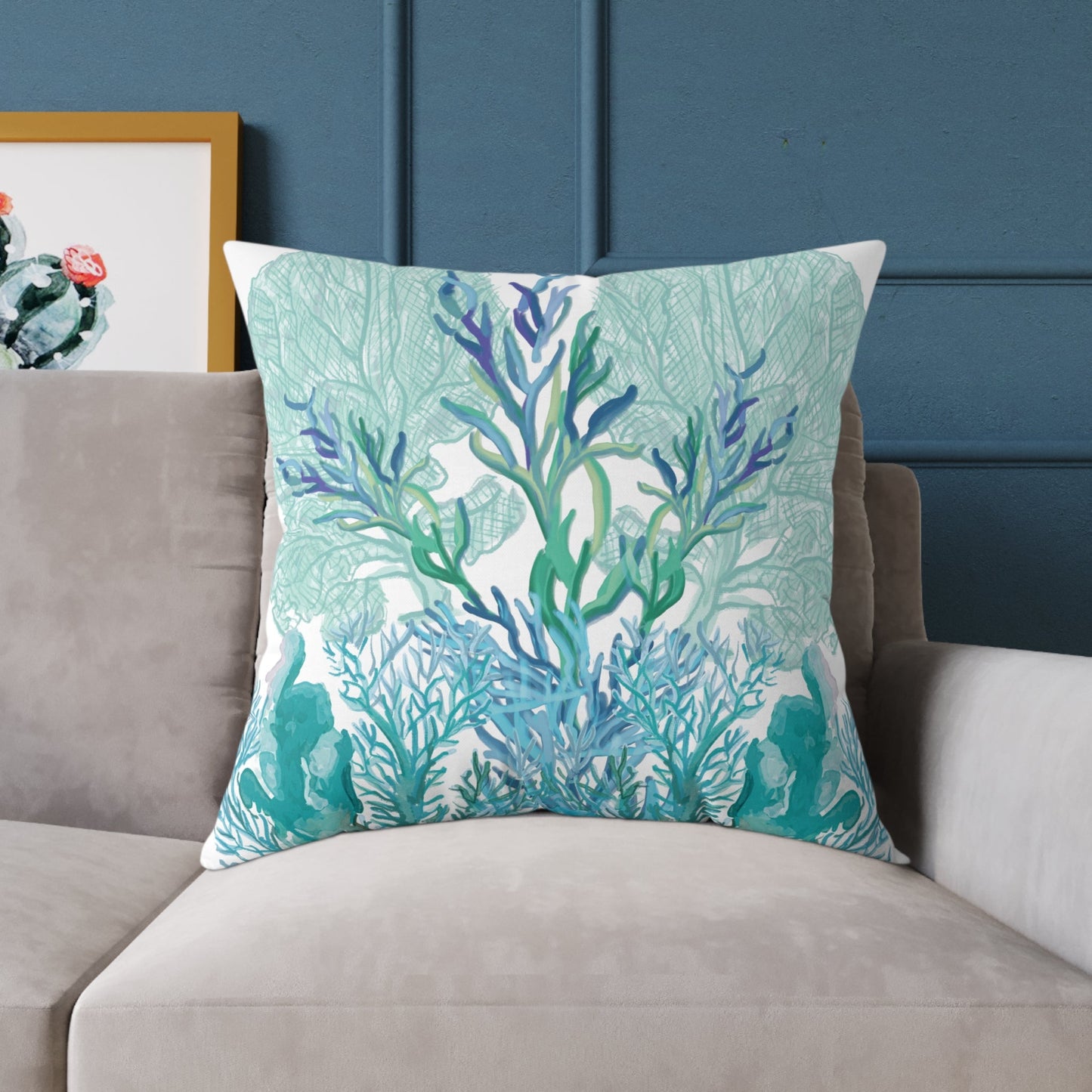 Coastal Coral Pillow - Ocean Inspired Square Poly Canvas Cushion - Blue Cava