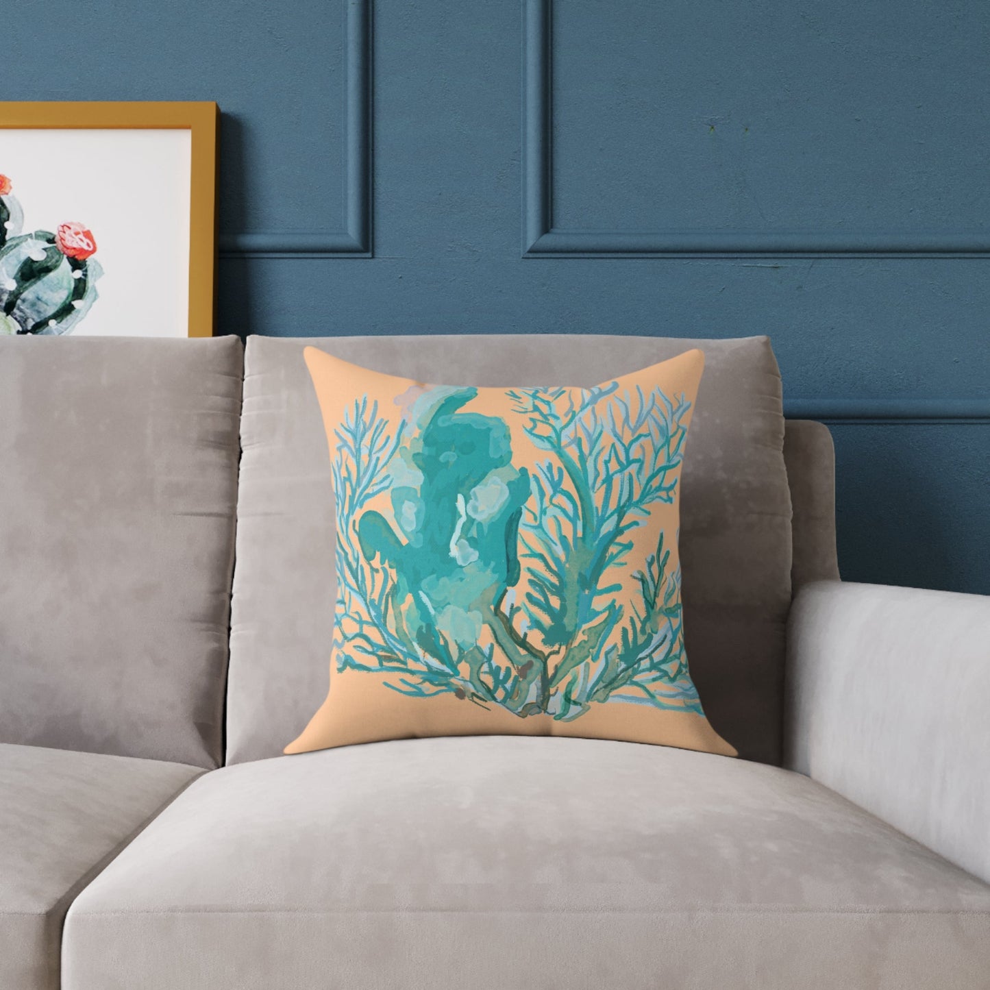 Coastal Coral Square Poly Canvas Pillow - Ocean - Inspired Home Decor - Blue Cava