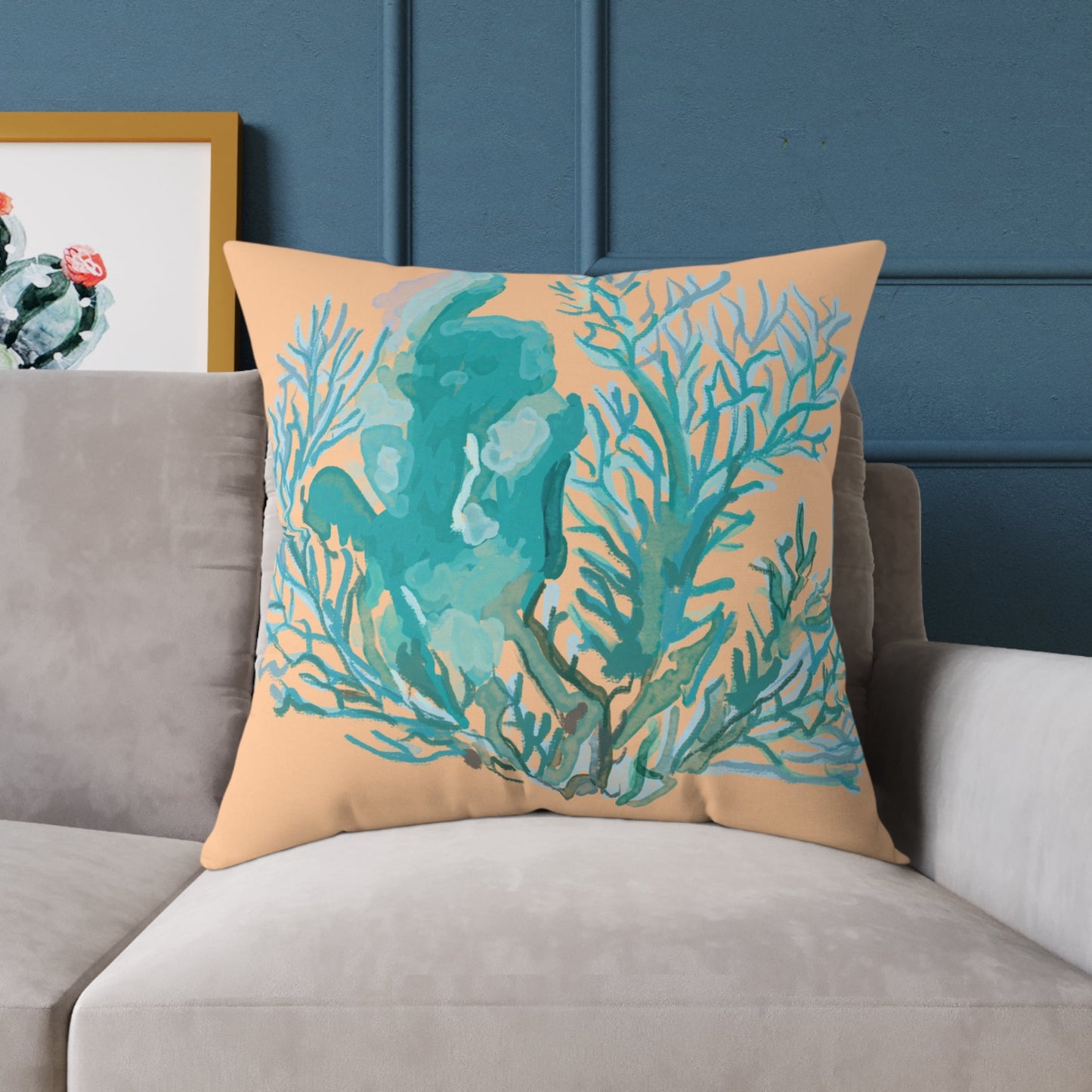 Coastal Coral Square Poly Canvas Pillow - Ocean - Inspired Home Decor - Blue Cava