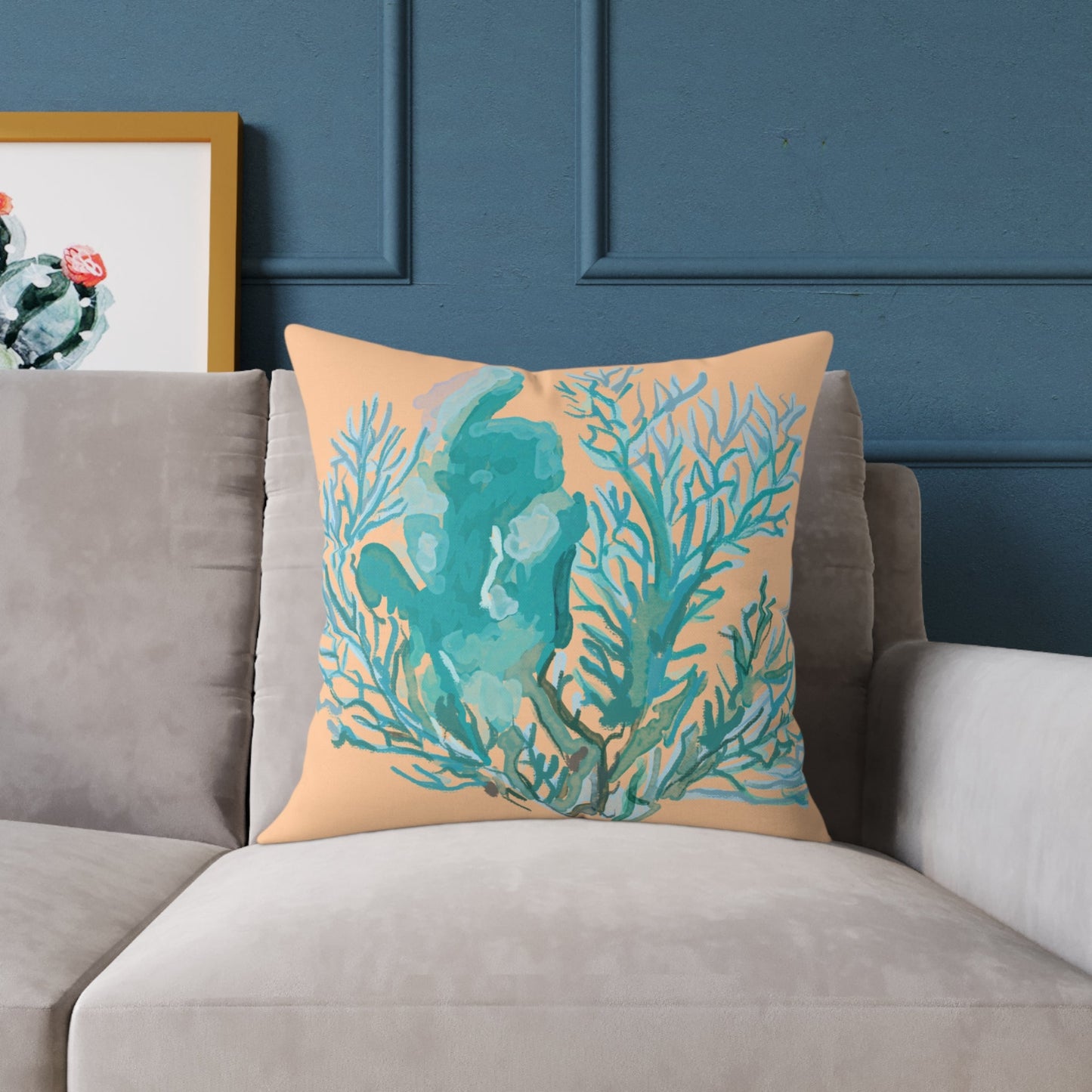 Coastal Coral Square Poly Canvas Pillow - Ocean - Inspired Home Decor - Blue Cava