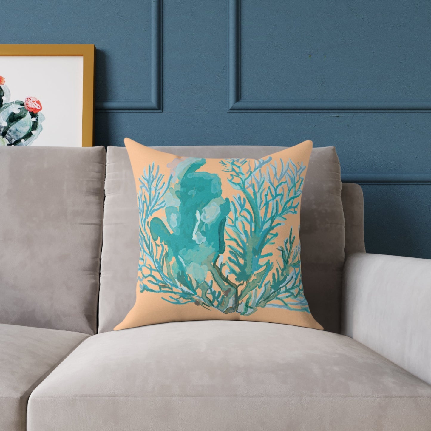 Coastal Coral Square Poly Canvas Pillow - Ocean - Inspired Home Decor - Blue Cava