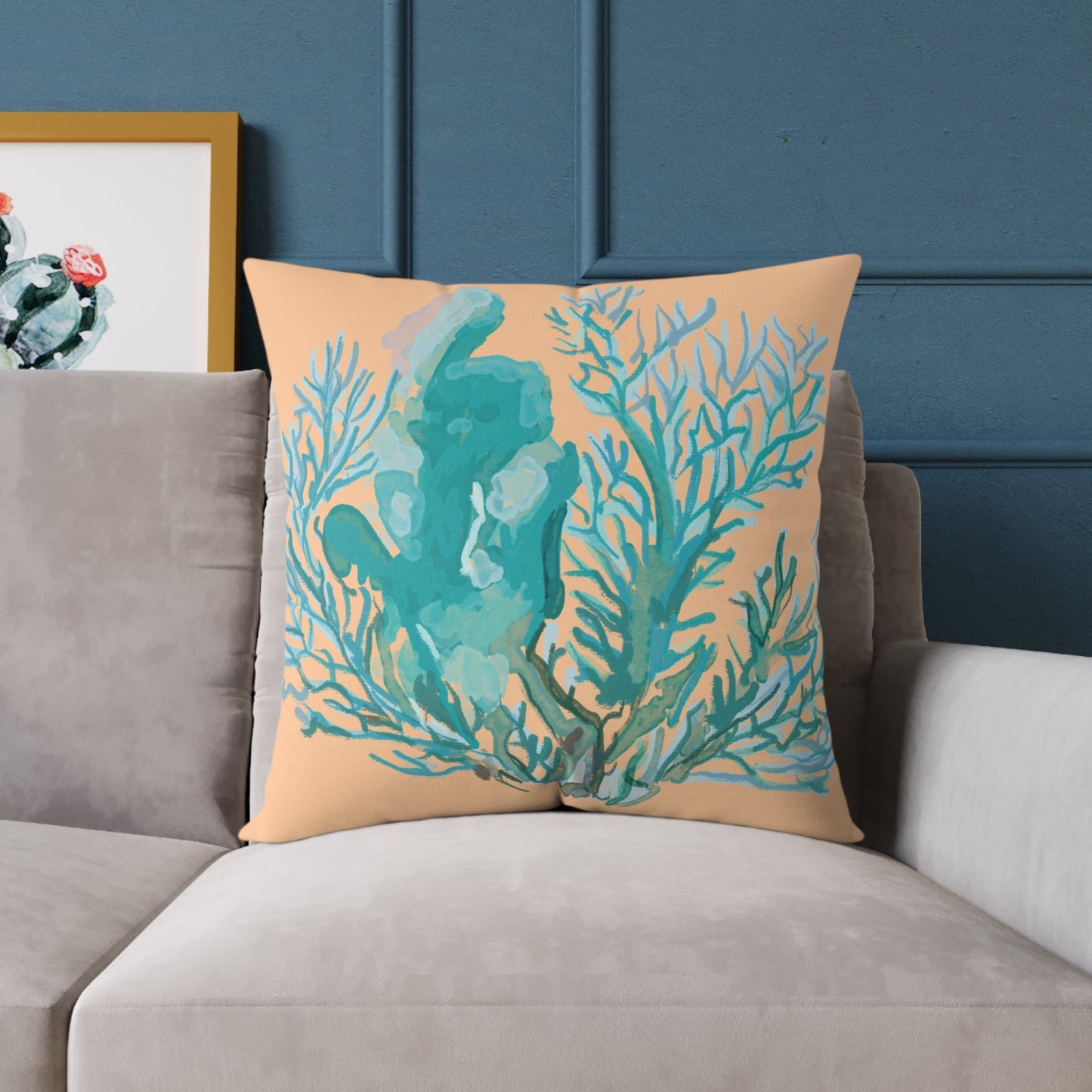 Coastal Coral Square Poly Canvas Pillow - Ocean - Inspired Home Decor - Blue Cava
