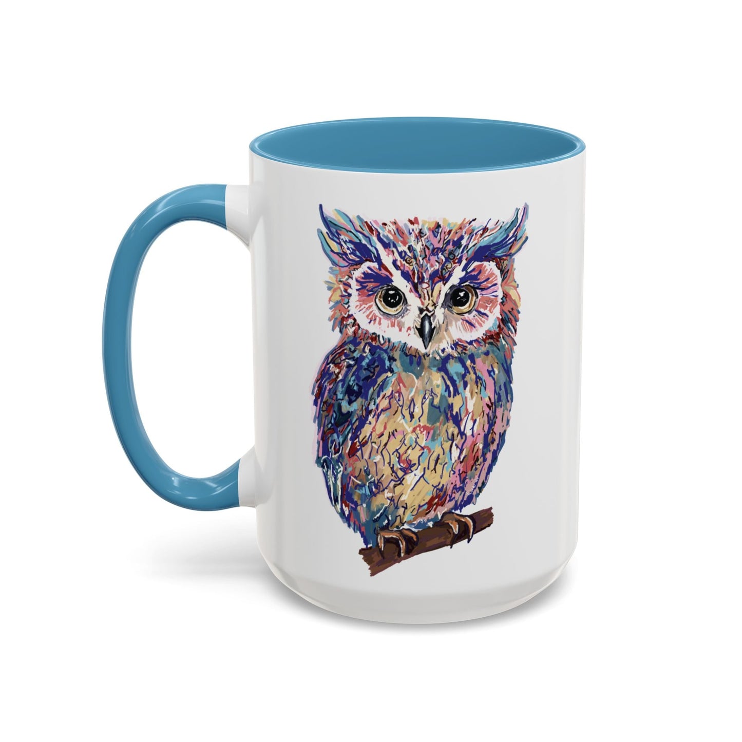 Colorful Owl Accent Coffee Mug - Unique 11oz & 15oz Gift for Nature Lovers - Blue Cava