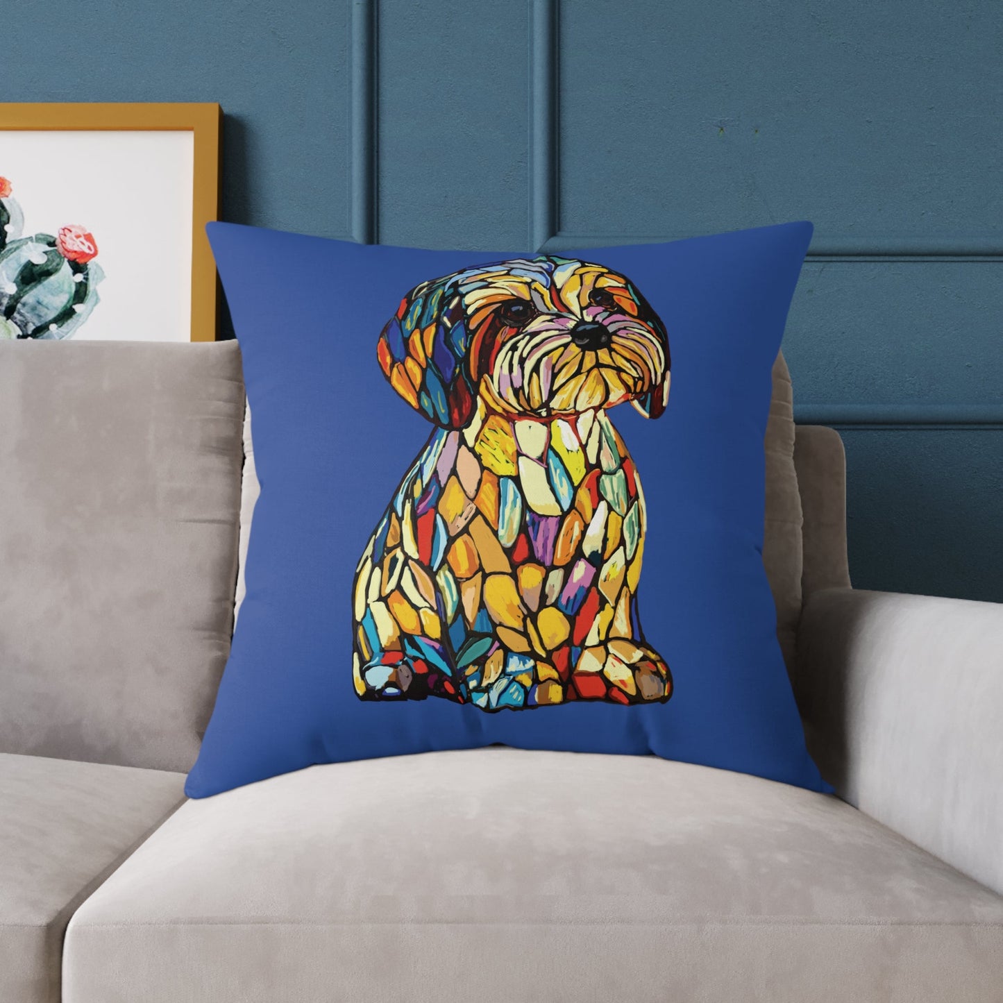 Colorful Stained Glass Dog Art Pillow, Pet Themed Home Decor - Blue Cava
