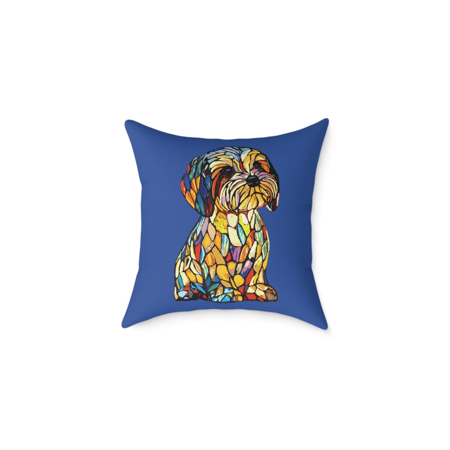 Colorful Stained Glass Dog Art Pillow, Pet Themed Home Decor - Blue Cava