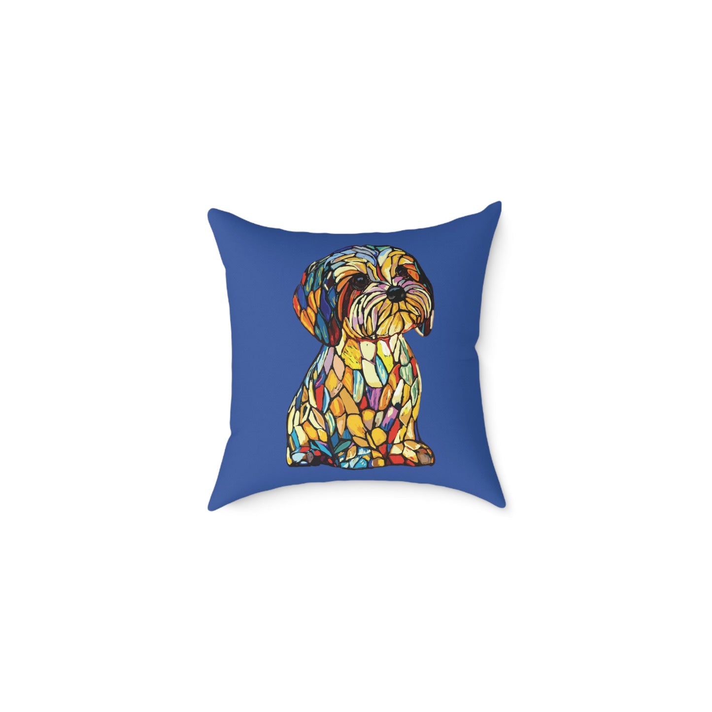 Colorful Stained Glass Dog Art Pillow, Pet Themed Home Decor - Blue Cava