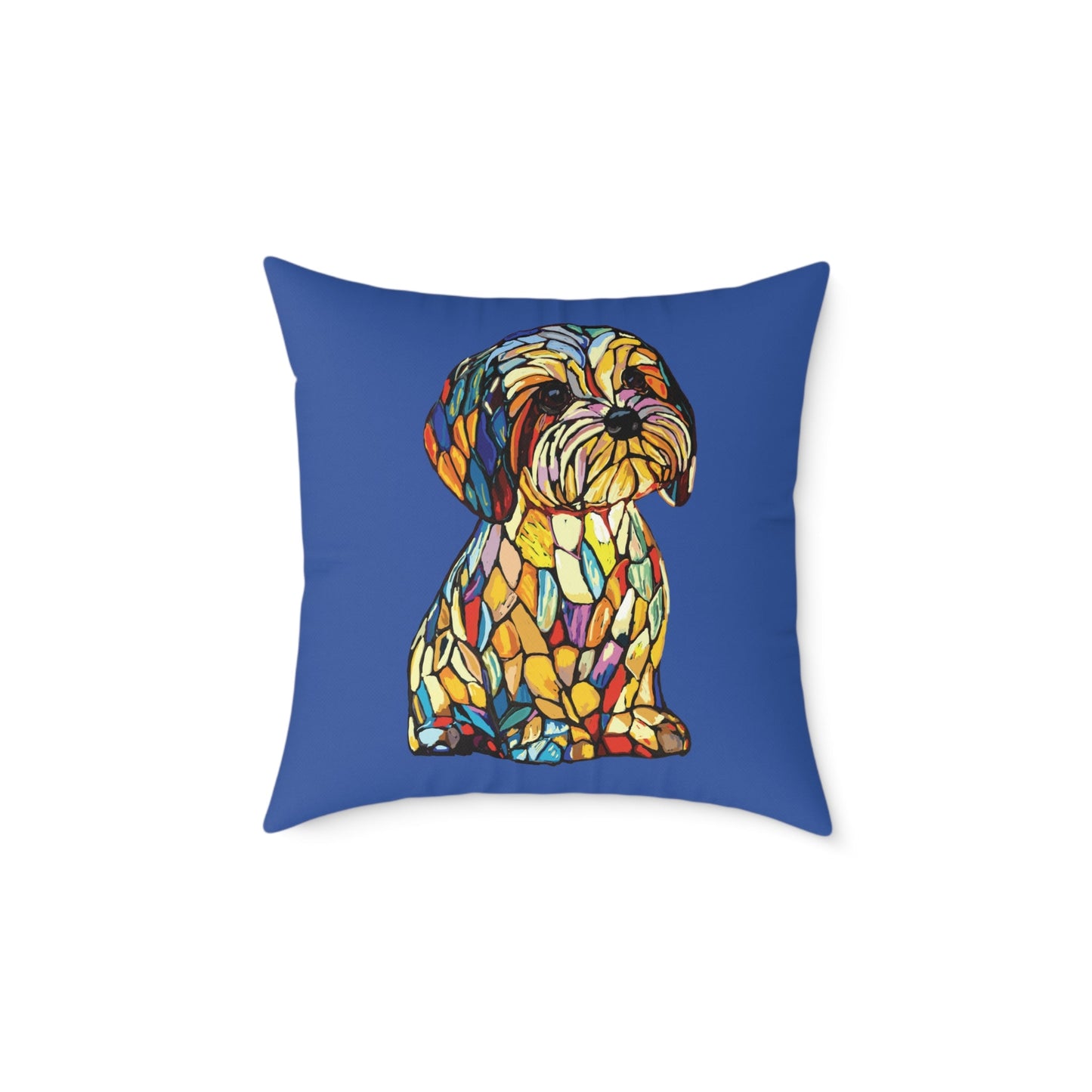 Colorful Stained Glass Dog Art Pillow, Pet Themed Home Decor - Blue Cava