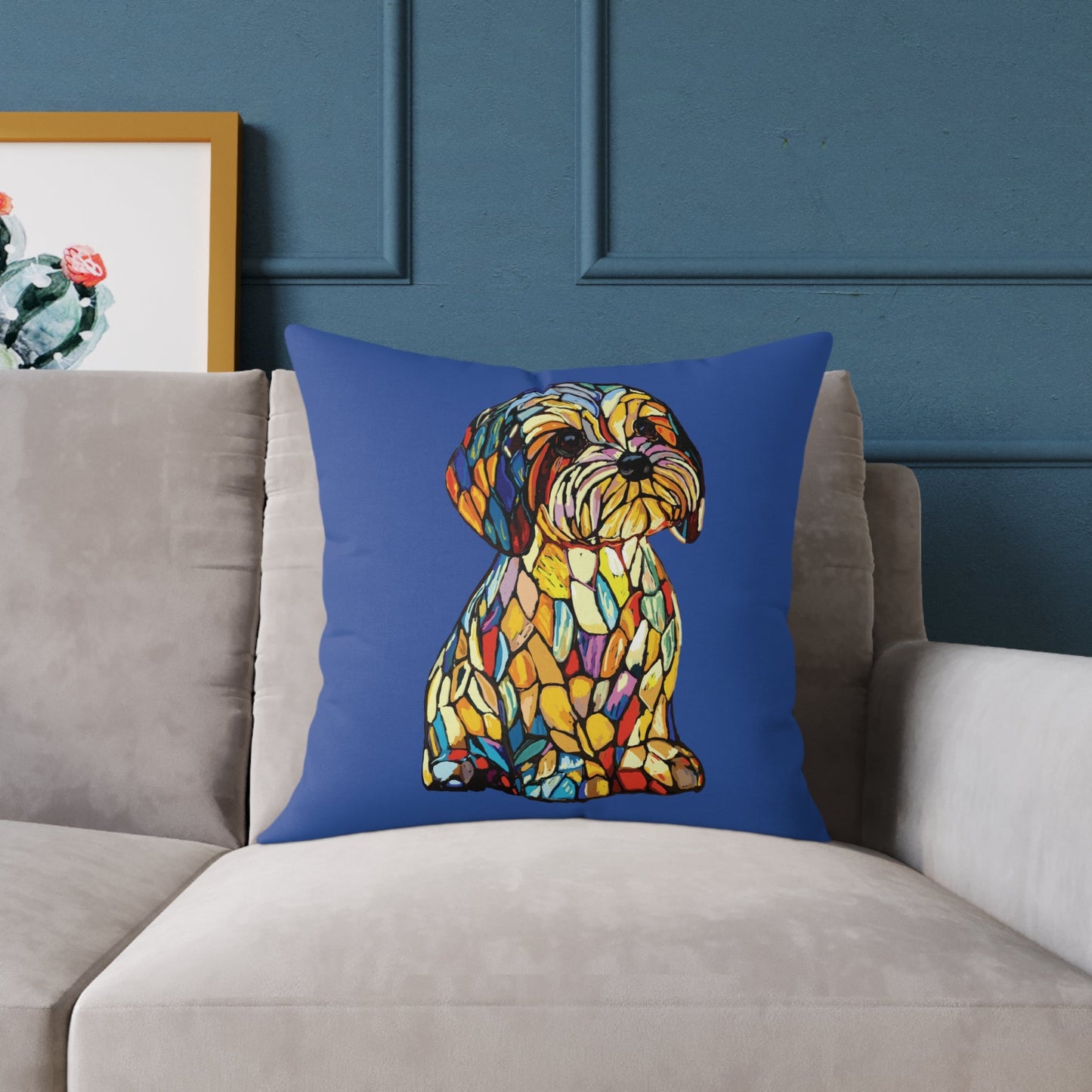 Colorful Stained Glass Dog Art Pillow, Pet Themed Home Decor - Blue Cava