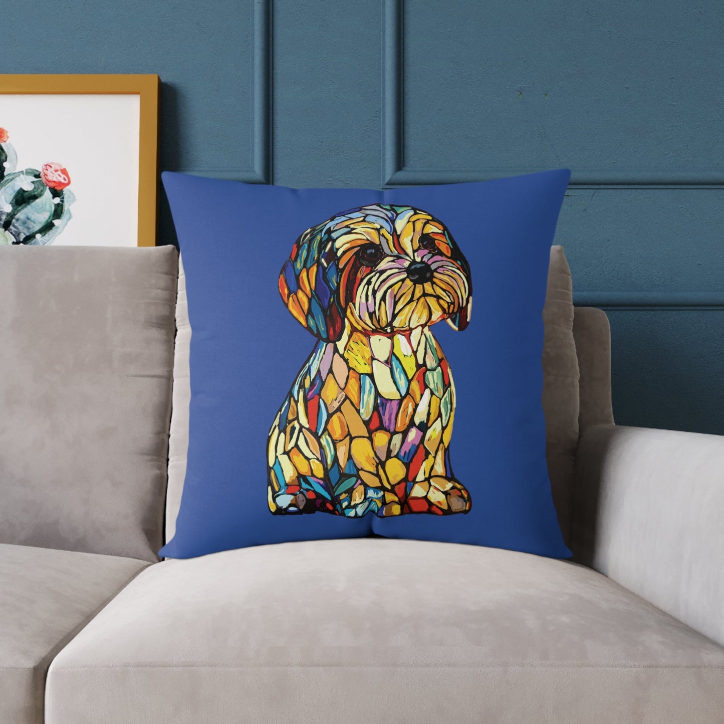 Colorful Stained Glass Dog Art Pillow, Pet Themed Home Decor - Blue Cava