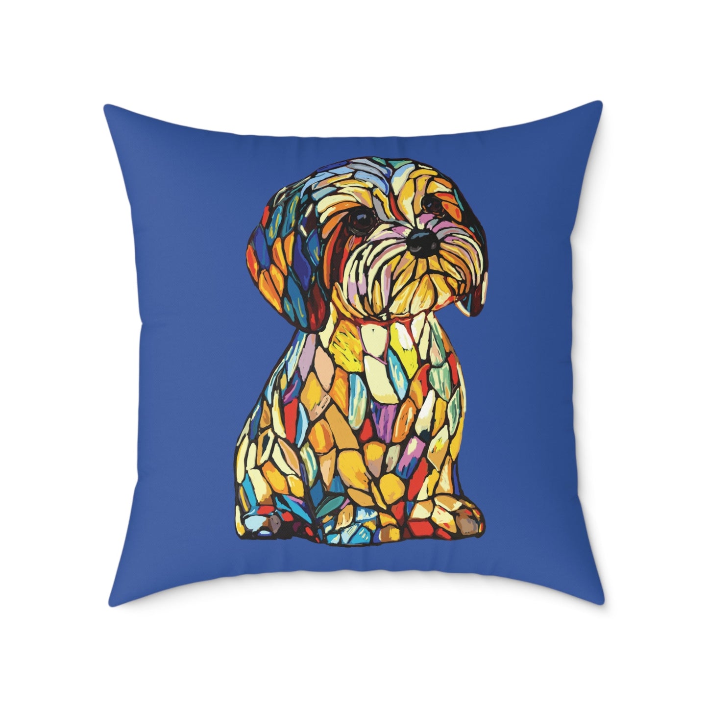 Colorful Stained Glass Dog Art Pillow, Pet Themed Home Decor - Blue Cava