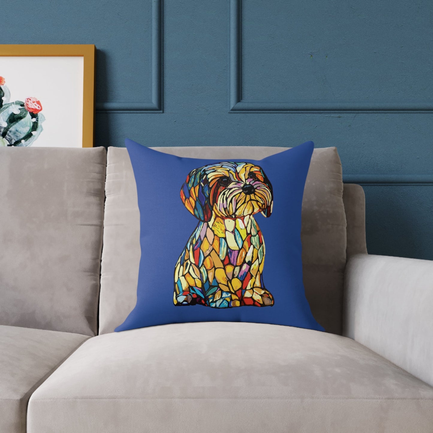 Colorful Stained Glass Dog Art Pillow, Pet Themed Home Decor - Blue Cava