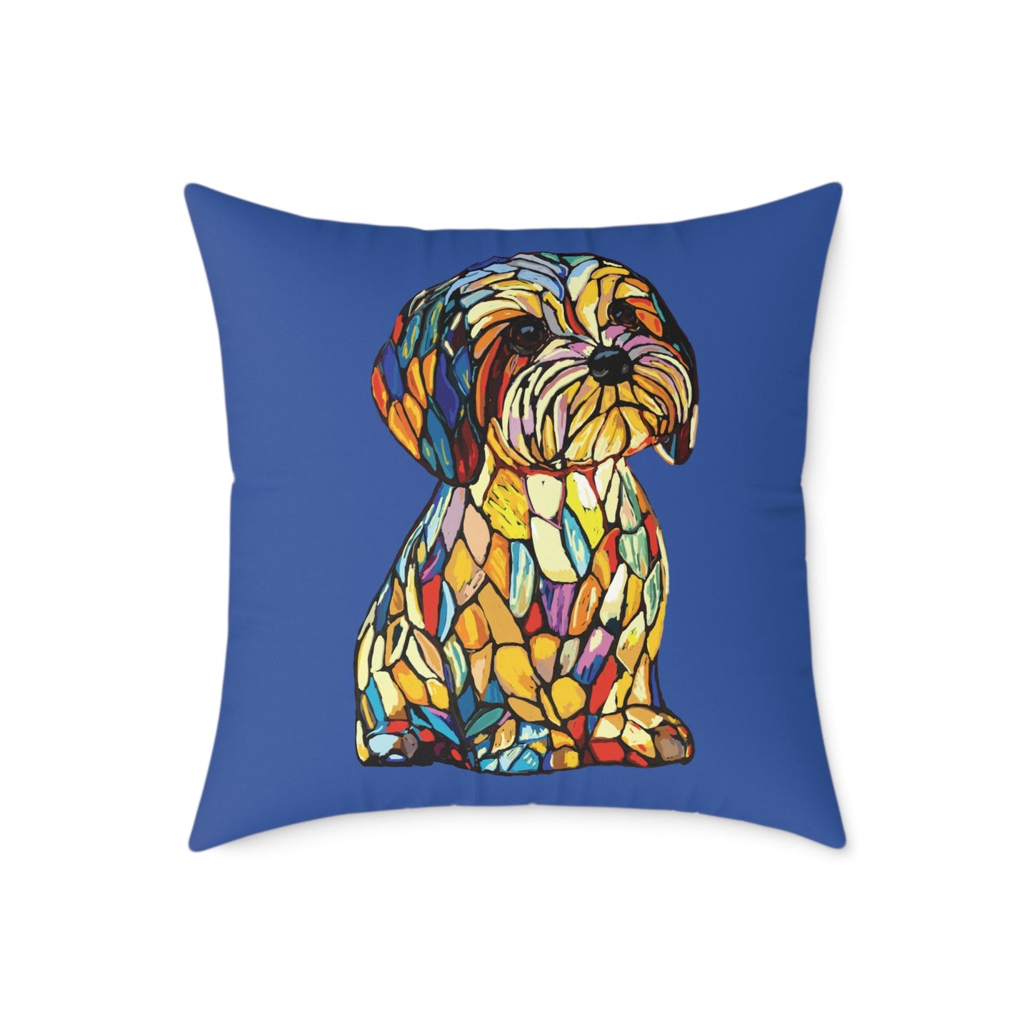 Colorful Stained Glass Dog Art Pillow, Pet Themed Home Decor - Blue Cava