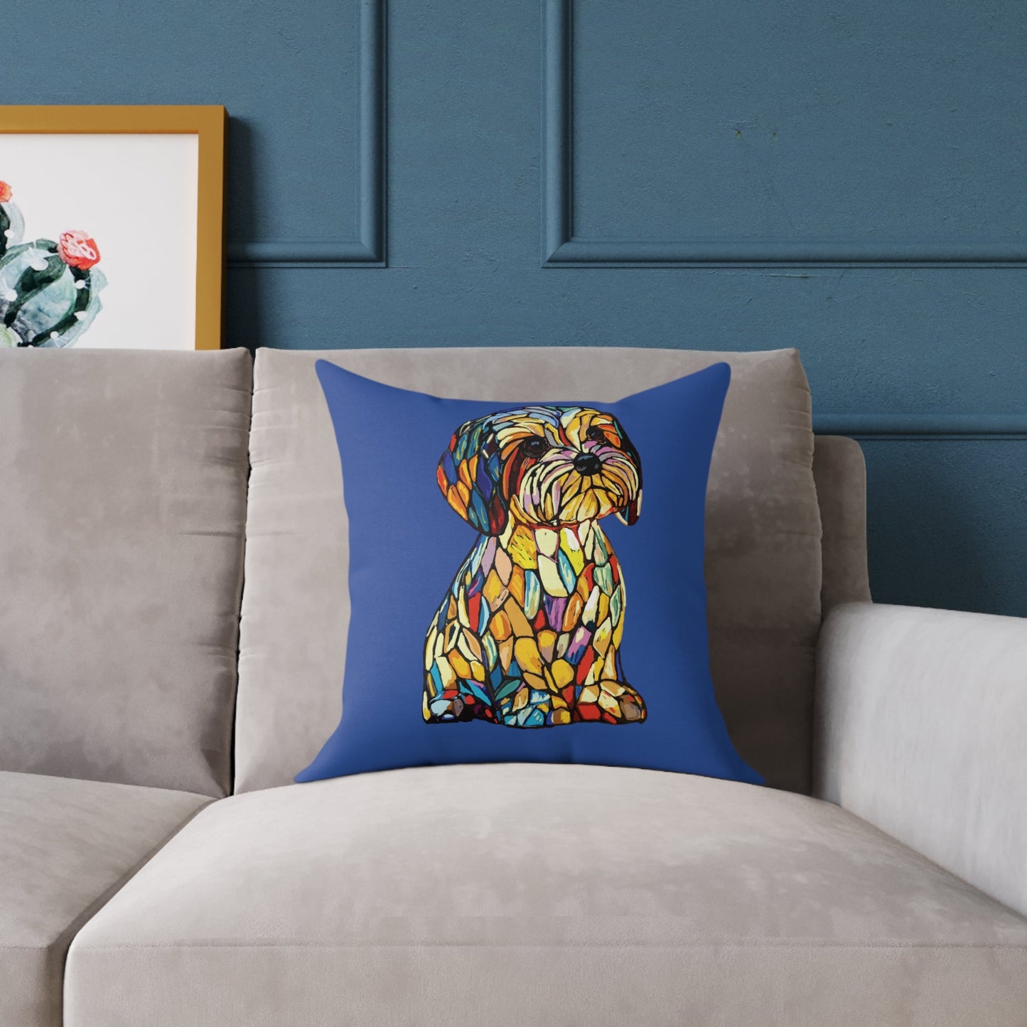 Colorful Stained Glass Dog Art Pillow, Pet Themed Home Decor - Blue Cava