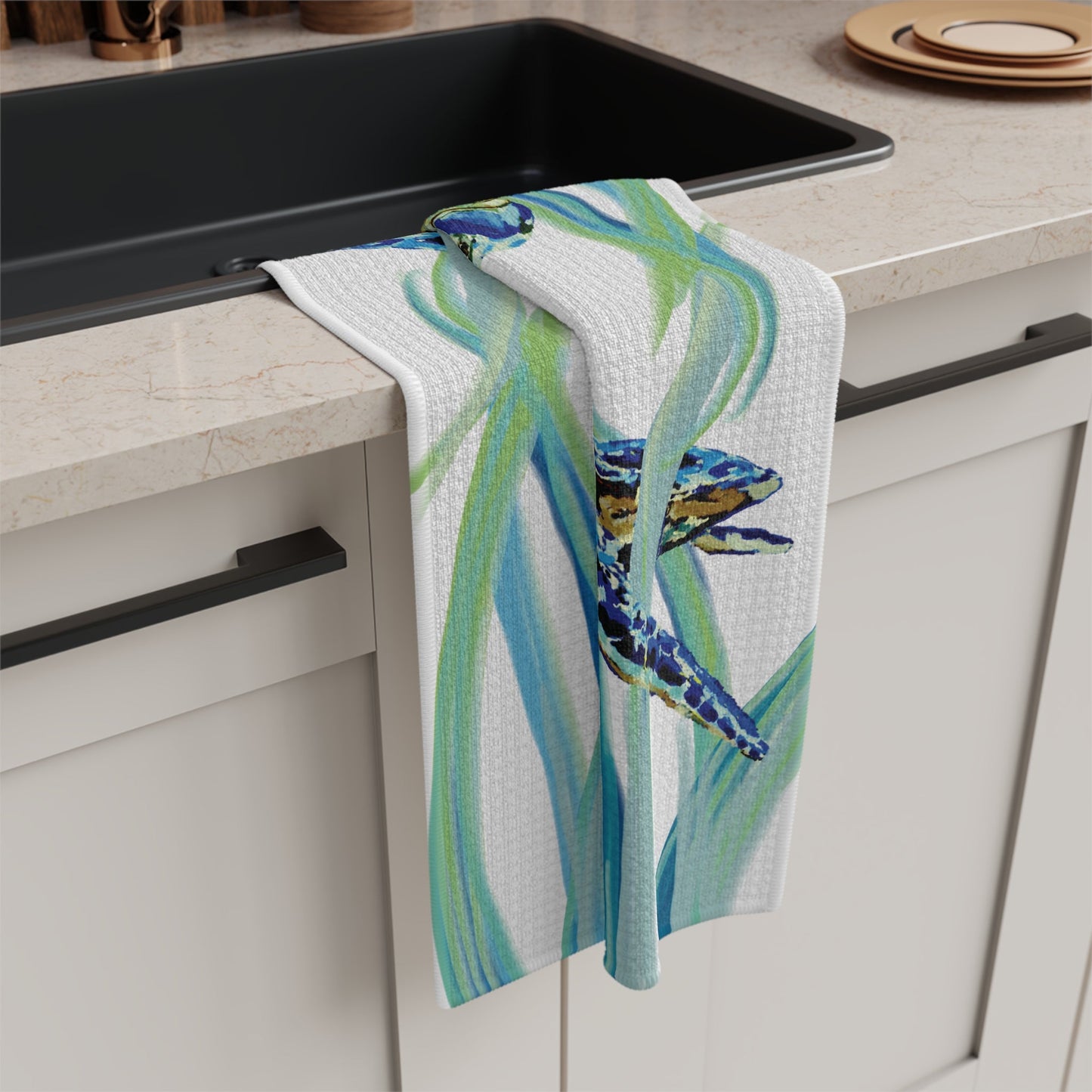 Colorful Turtle Microfiber Waffle Towel - Blue Cava