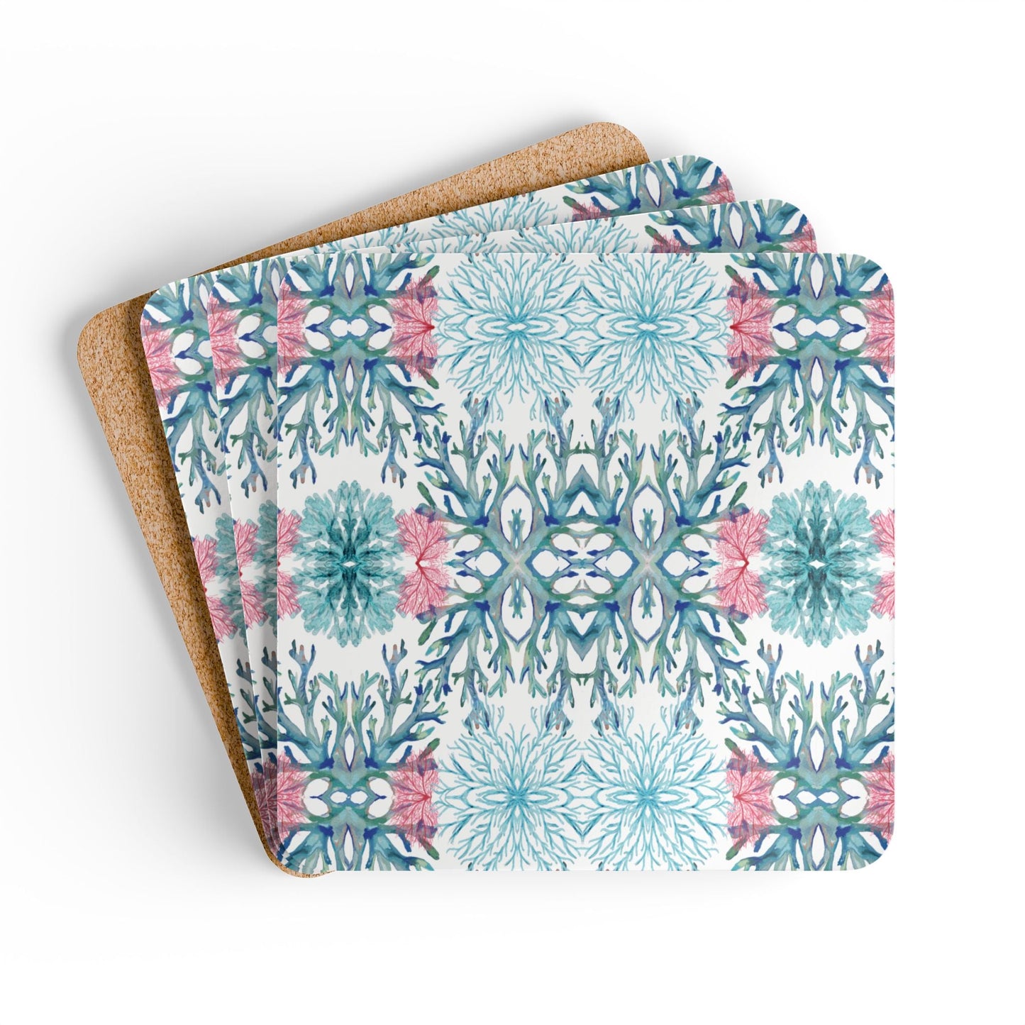 Coral Reef Cork Coaster Set - Eco - Friendly Drink Coasters for Beach Lovers - Blue Cava