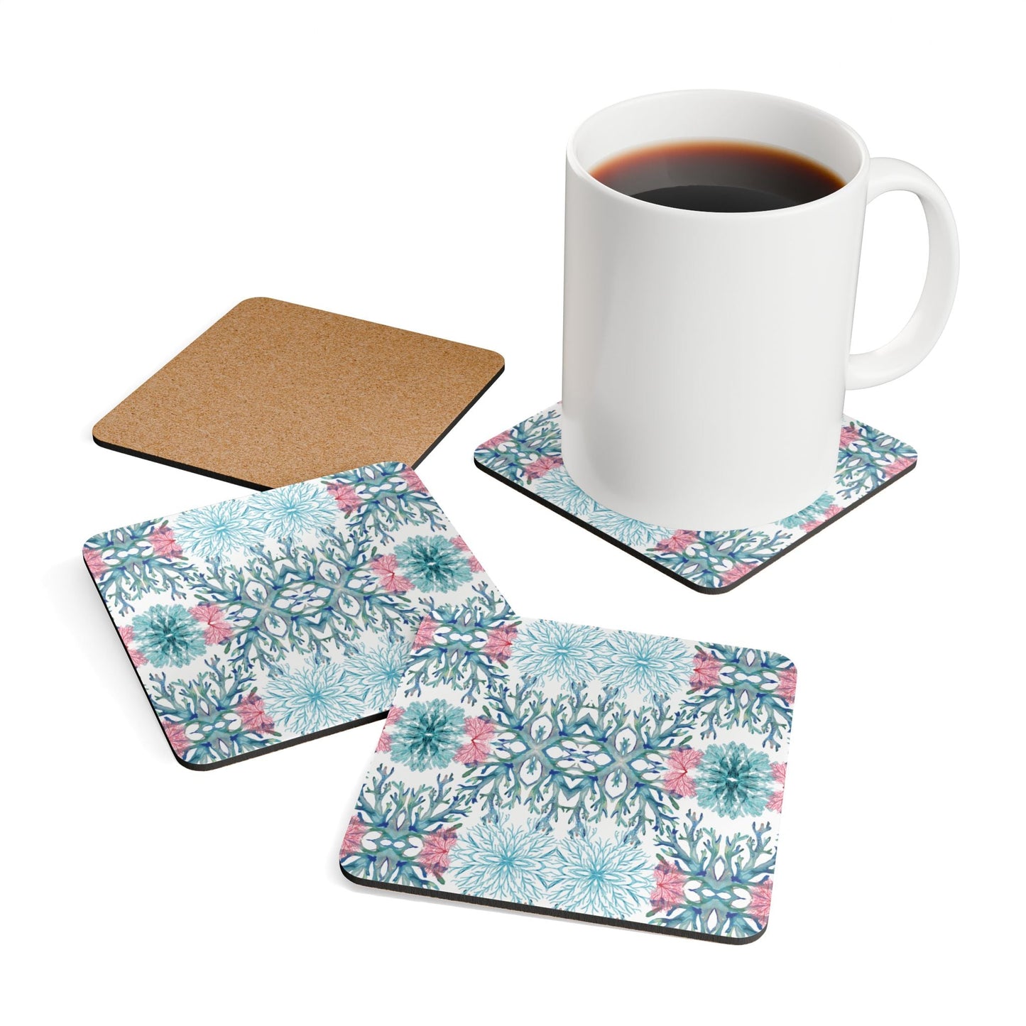 Coral Reef Cork Coaster Set - Eco - Friendly Drink Coasters for Beach Lovers - Blue Cava