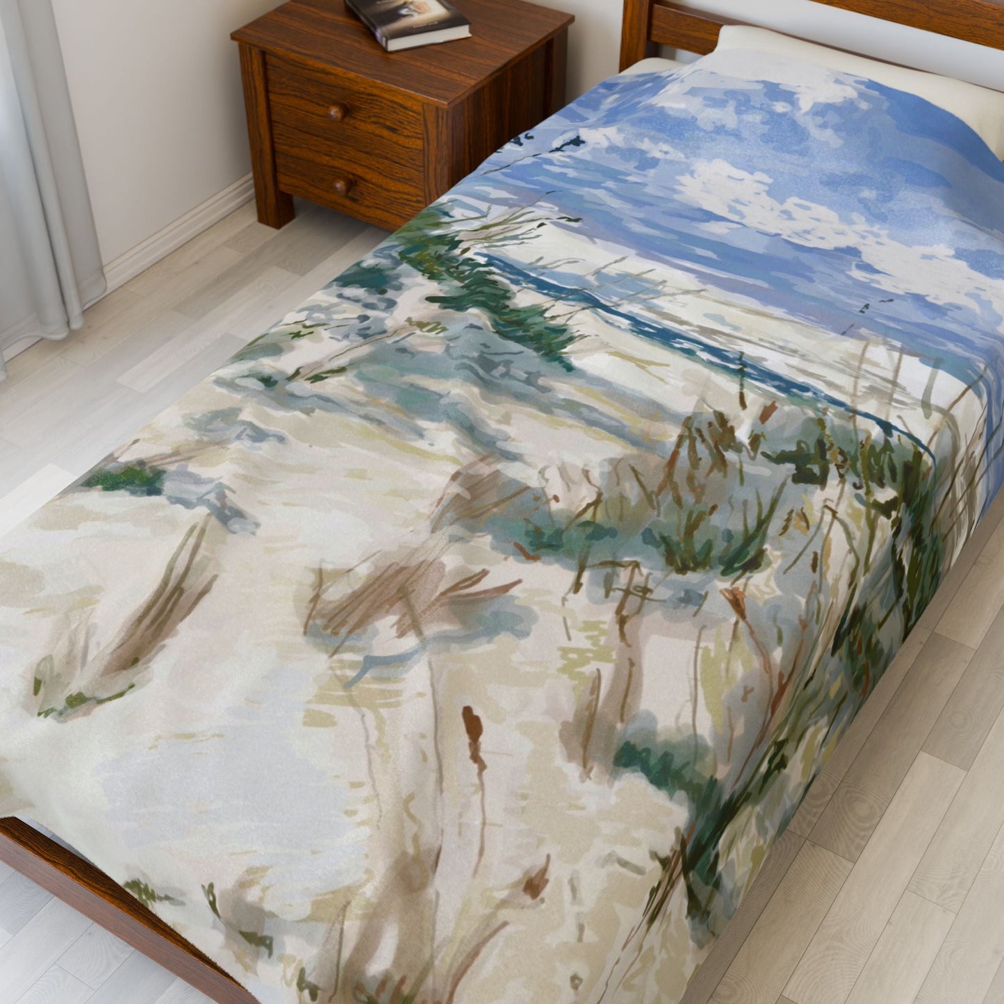 Cozy Beach Scene Velveteen Plush Blanket - Perfect for Relaxation & Gifts - Blue Cava