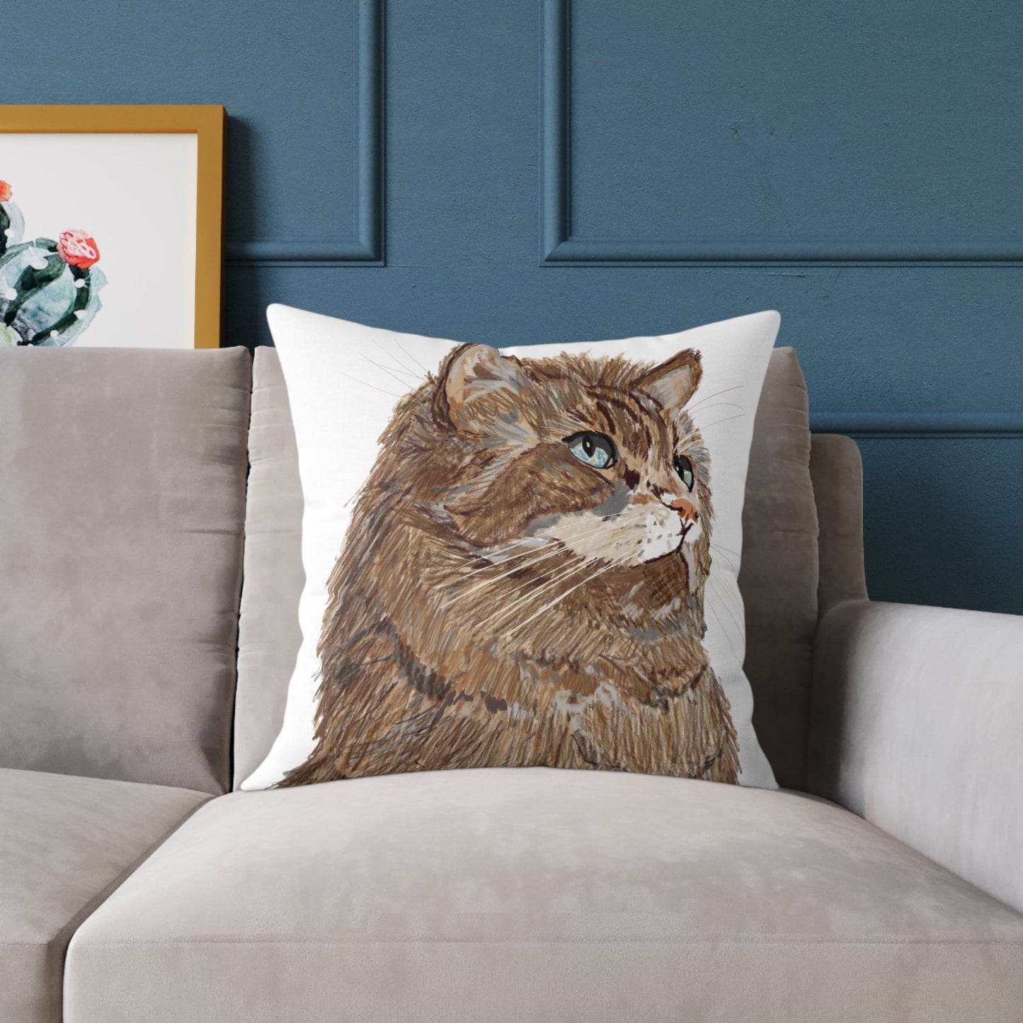Cozy Cat Canvas Pillow - Stylish Square Accent for Cat Lovers - Blue Cava