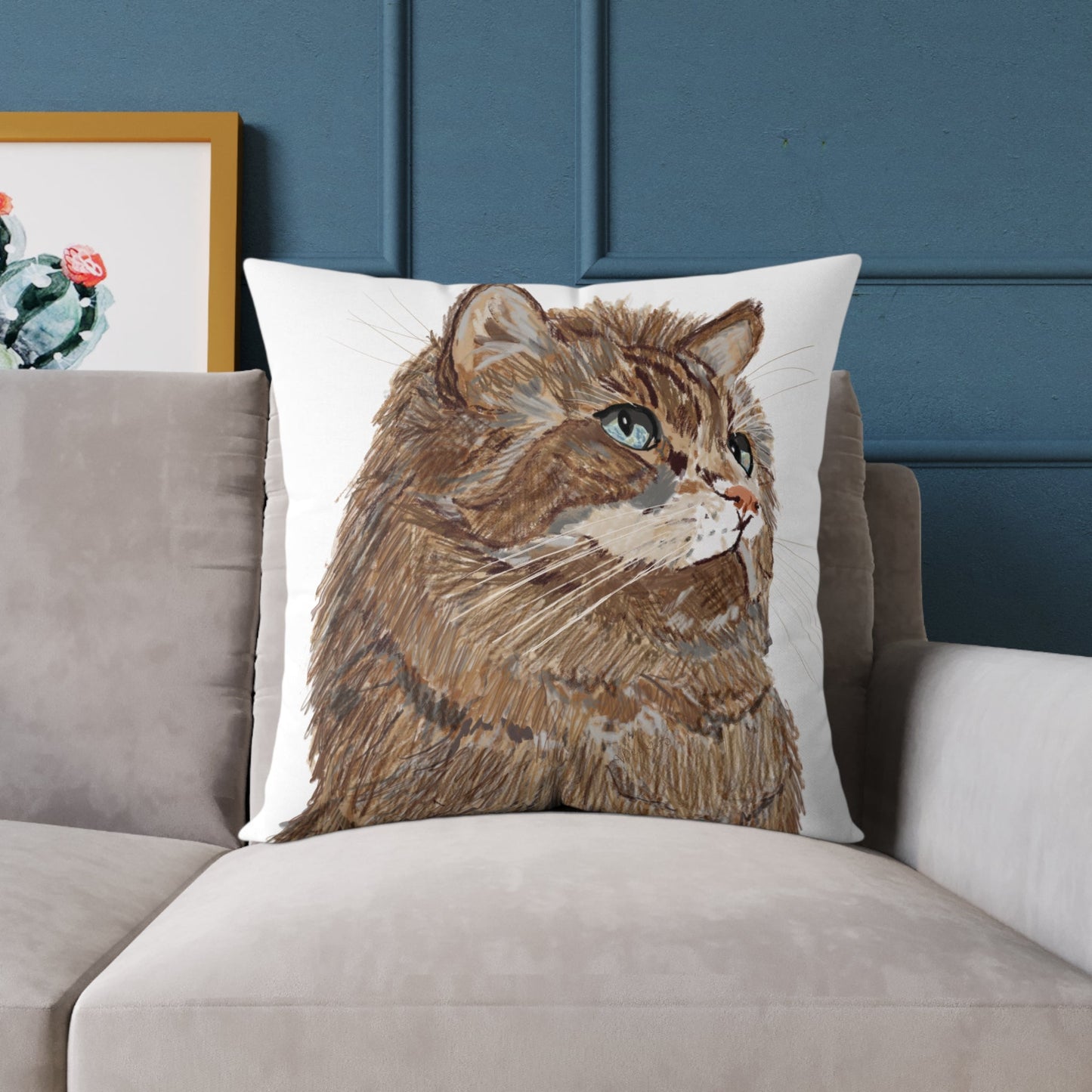 Cozy Cat Canvas Pillow - Stylish Square Accent for Cat Lovers - Blue Cava