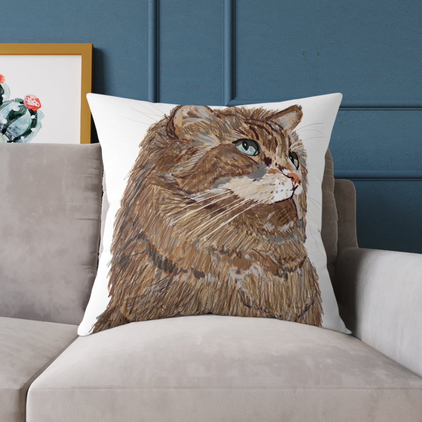 Cozy Cat Canvas Pillow - Stylish Square Accent for Cat Lovers - Blue Cava
