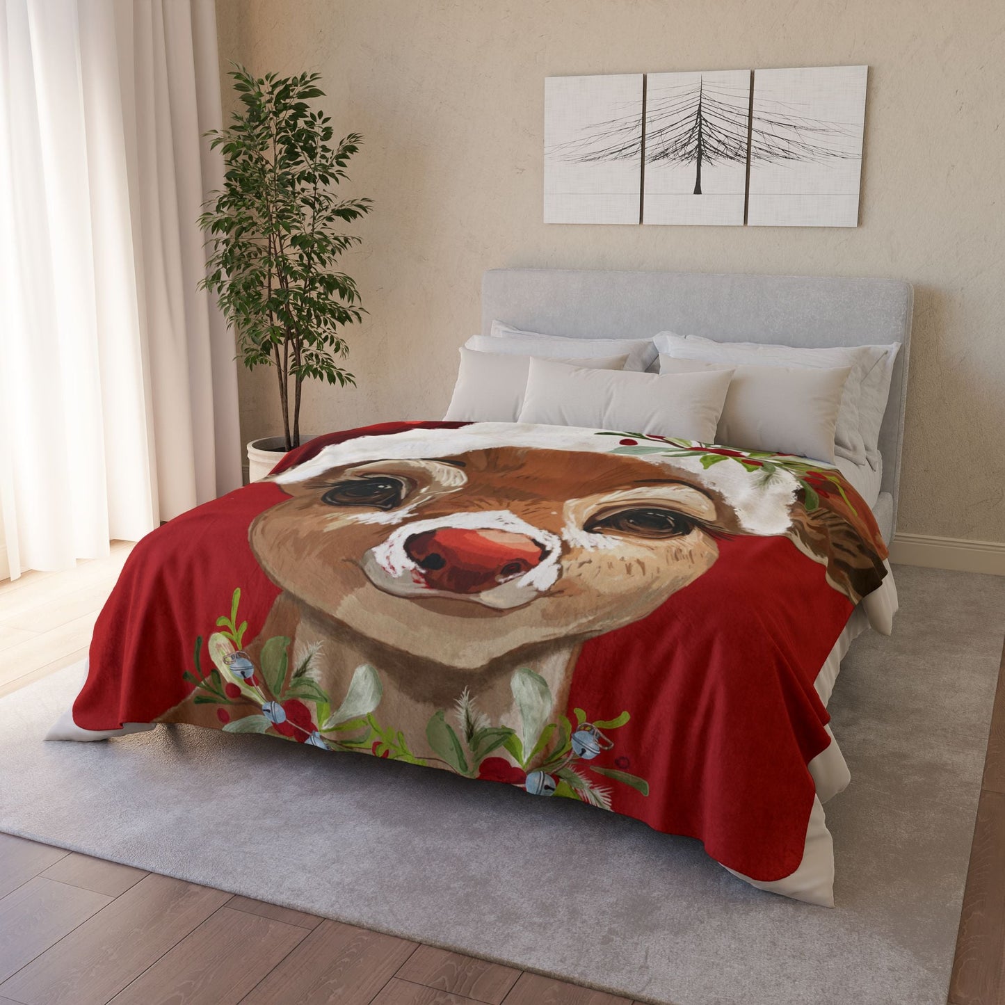 Cozy Christmas Reindeer Fleece Sherpa Blanket - Festive Holiday Decor - Blue Cava