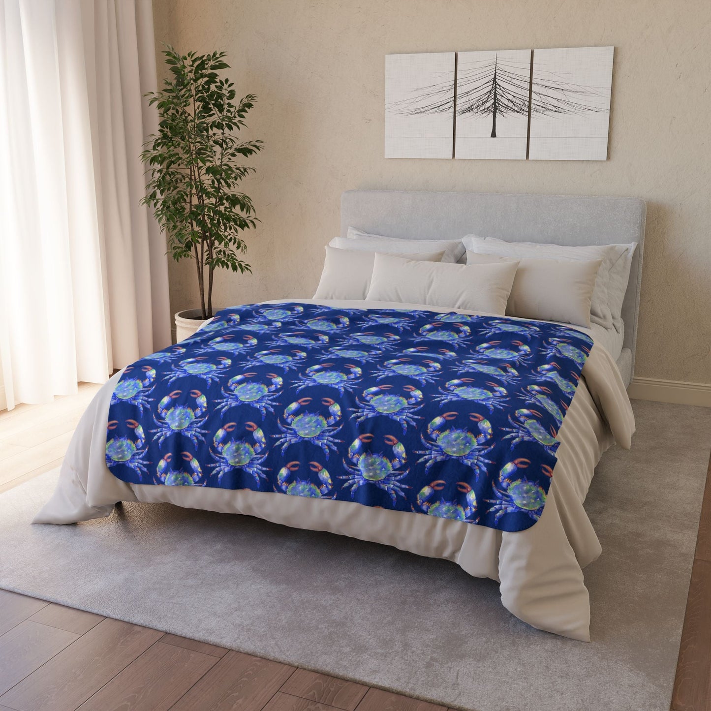 Cozy Fleece Sherpa Coastal Blue Crab Blanket - Blue Cava