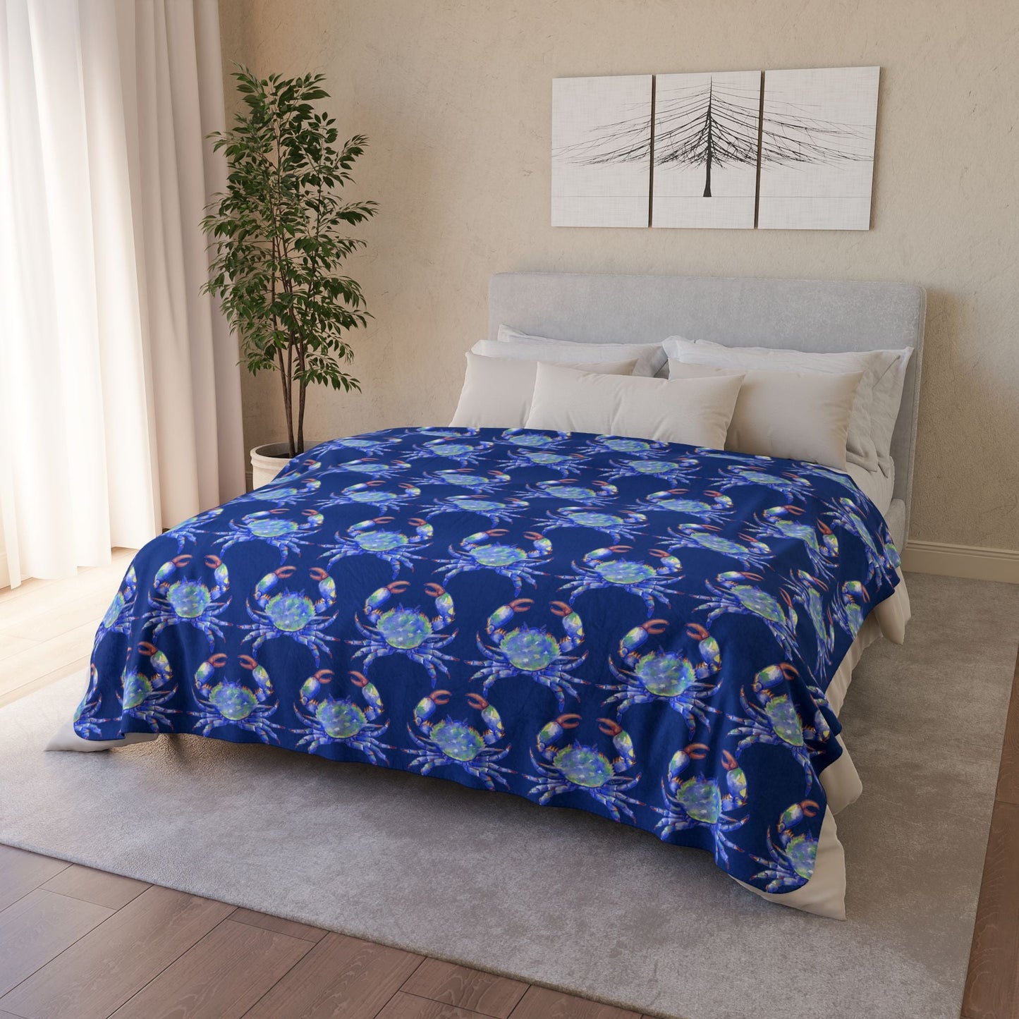 Cozy Fleece Sherpa Coastal Blue Crab Blanket - Blue Cava