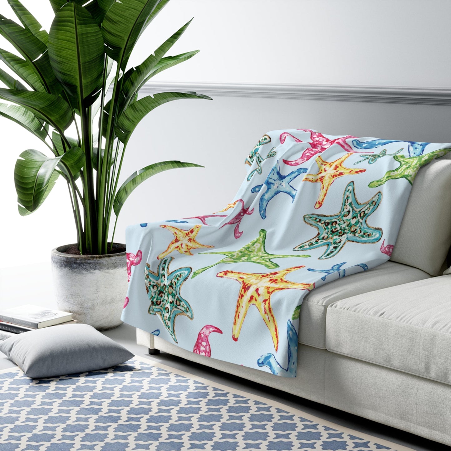 Cozy Starfish Sherpa Fleece Blanket, Beach Decor Gift, Summer Vibes Throw, Nautical Home Accent - Blue Cava
