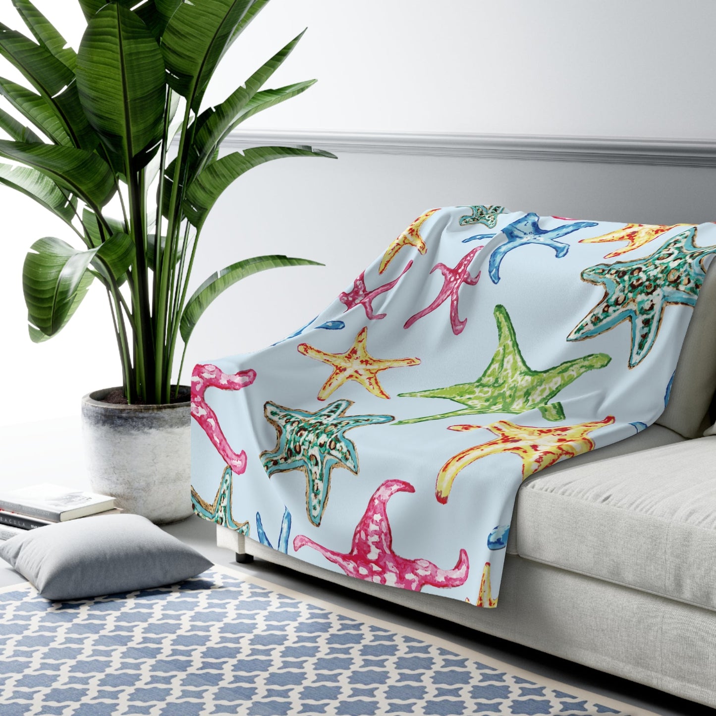 Cozy Starfish Sherpa Fleece Blanket, Beach Decor Gift, Summer Vibes Throw, Nautical Home Accent - Blue Cava