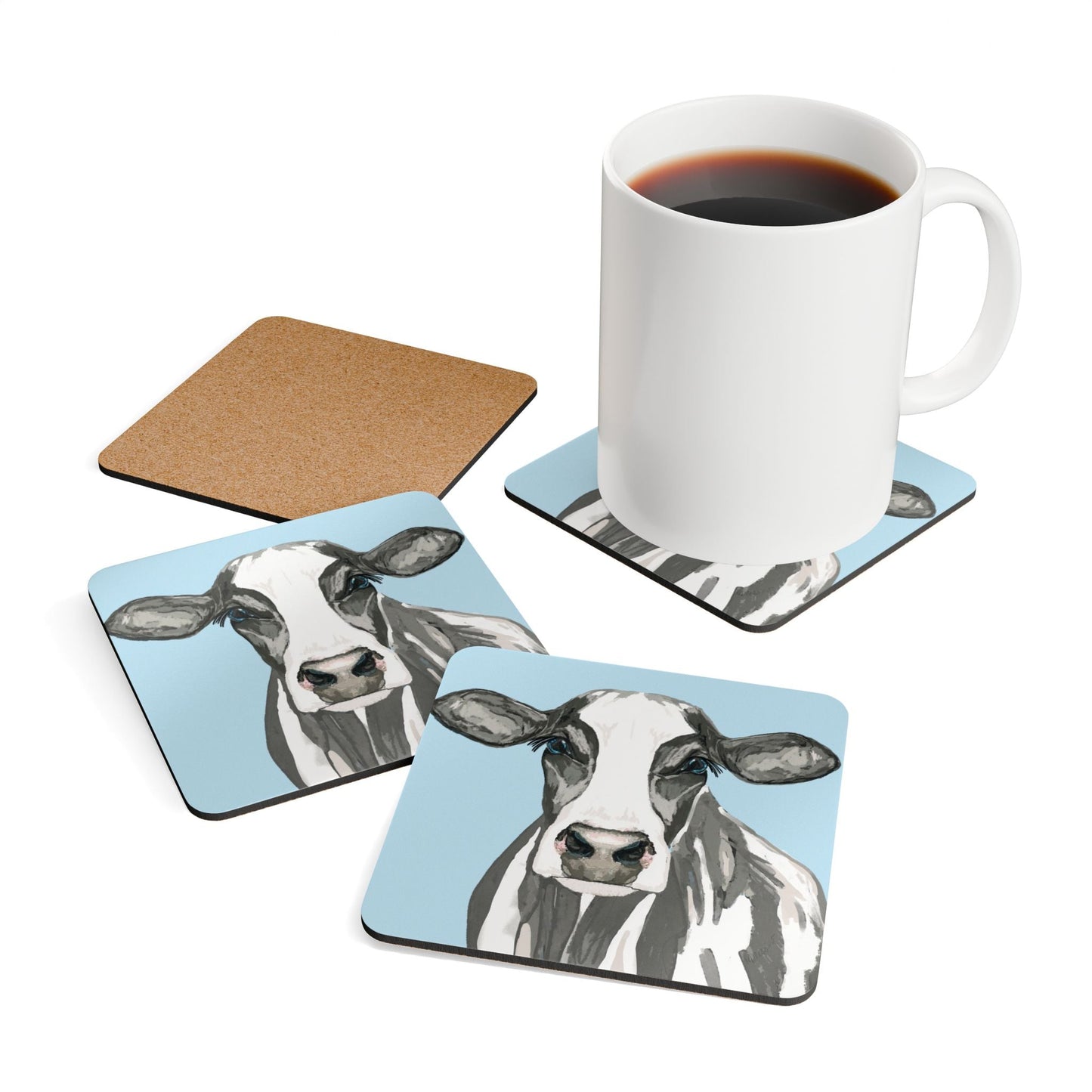 Cute Cow Cork Coaster Set - Farmhouse Decor for Home & Kitchen - Blue Cava