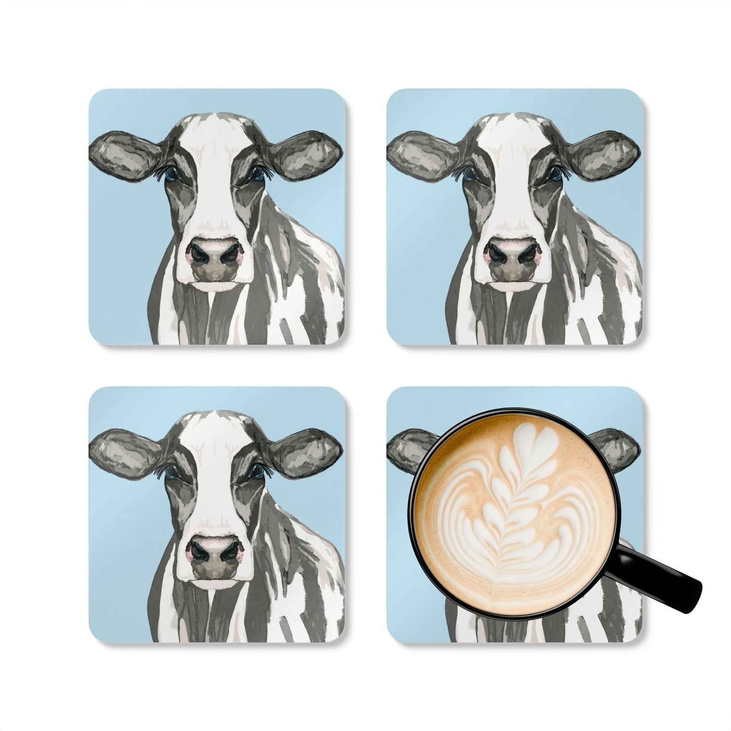 Cute Cow Cork Coaster Set - Farmhouse Decor for Home & Kitchen - Blue Cava