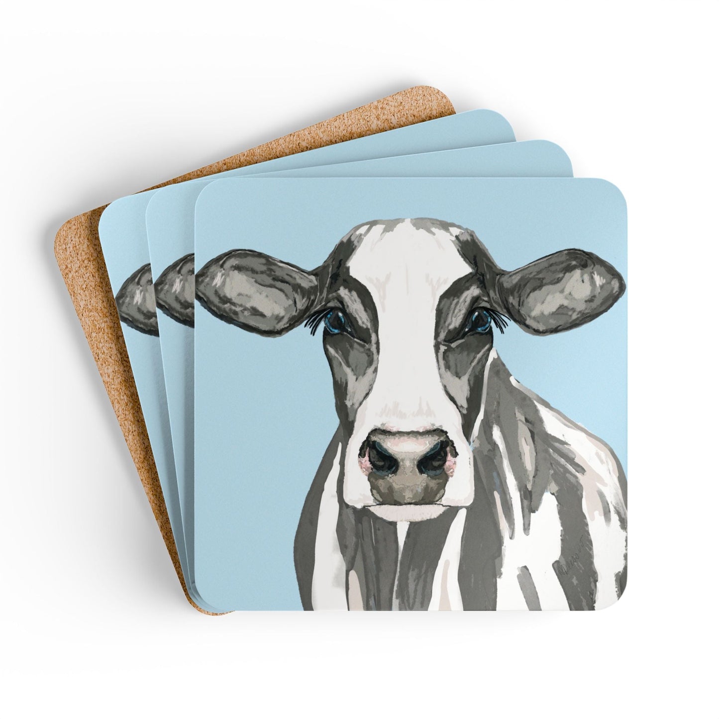 Cute Cow Cork Coaster Set - Farmhouse Decor for Home & Kitchen - Blue Cava