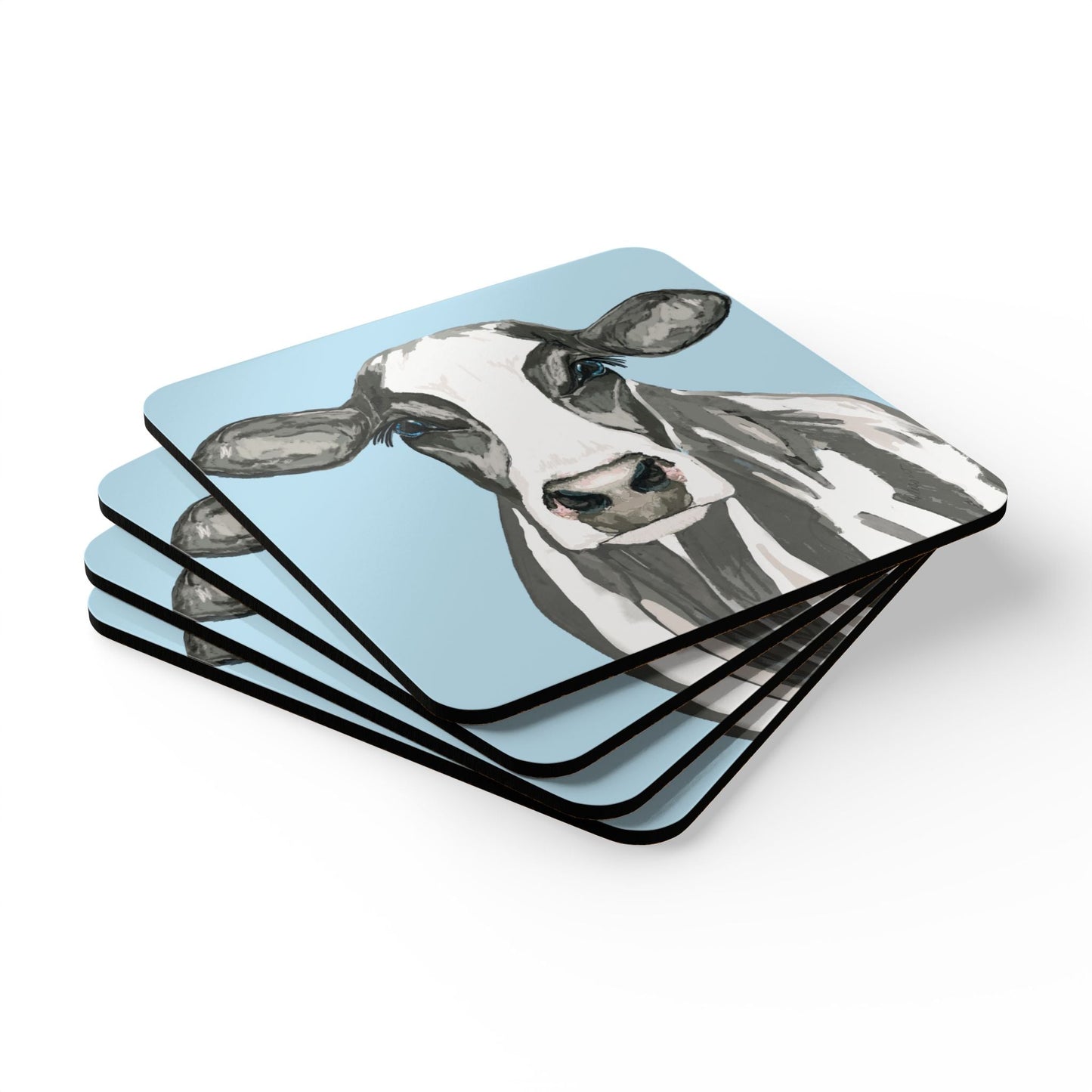 Cute Cow Cork Coaster Set - Farmhouse Decor for Home & Kitchen - Blue Cava