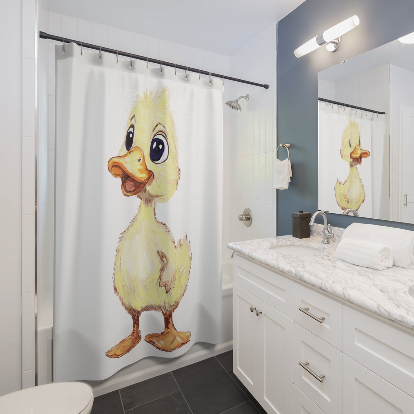 Cute Duck Shower Curtain - Fun Bathroom Decor for Kids and Animal Lovers - Blue Cava