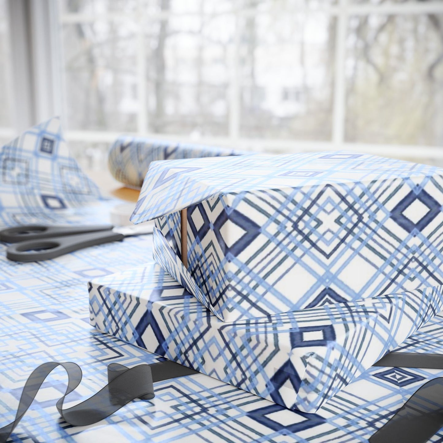 Elegant Geometric Blue Diamond Wrapping Paper - Blue Cava