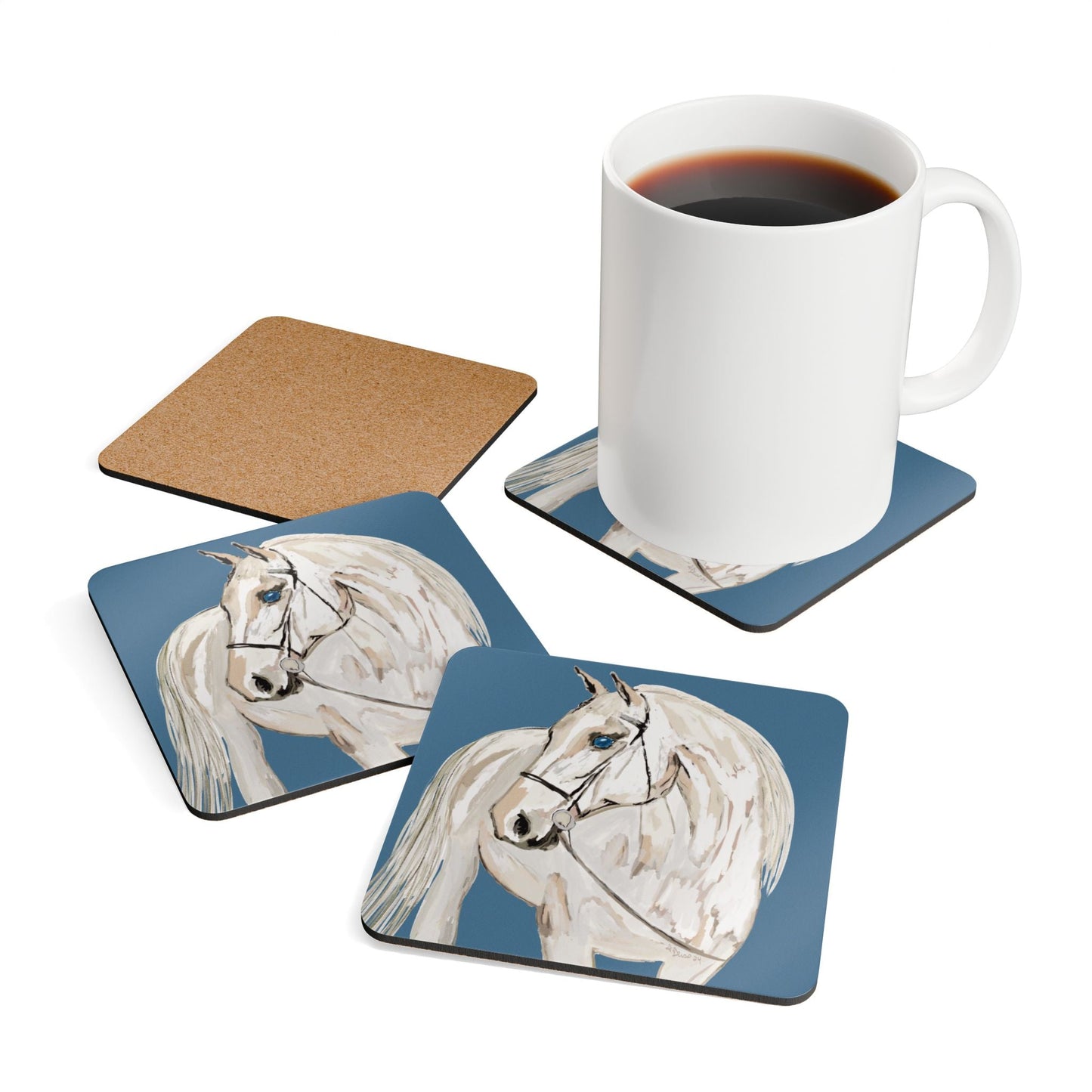 Equine Art Corkwood Coaster Set - Elegant Horse Design for Home Decor - Blue Cava
