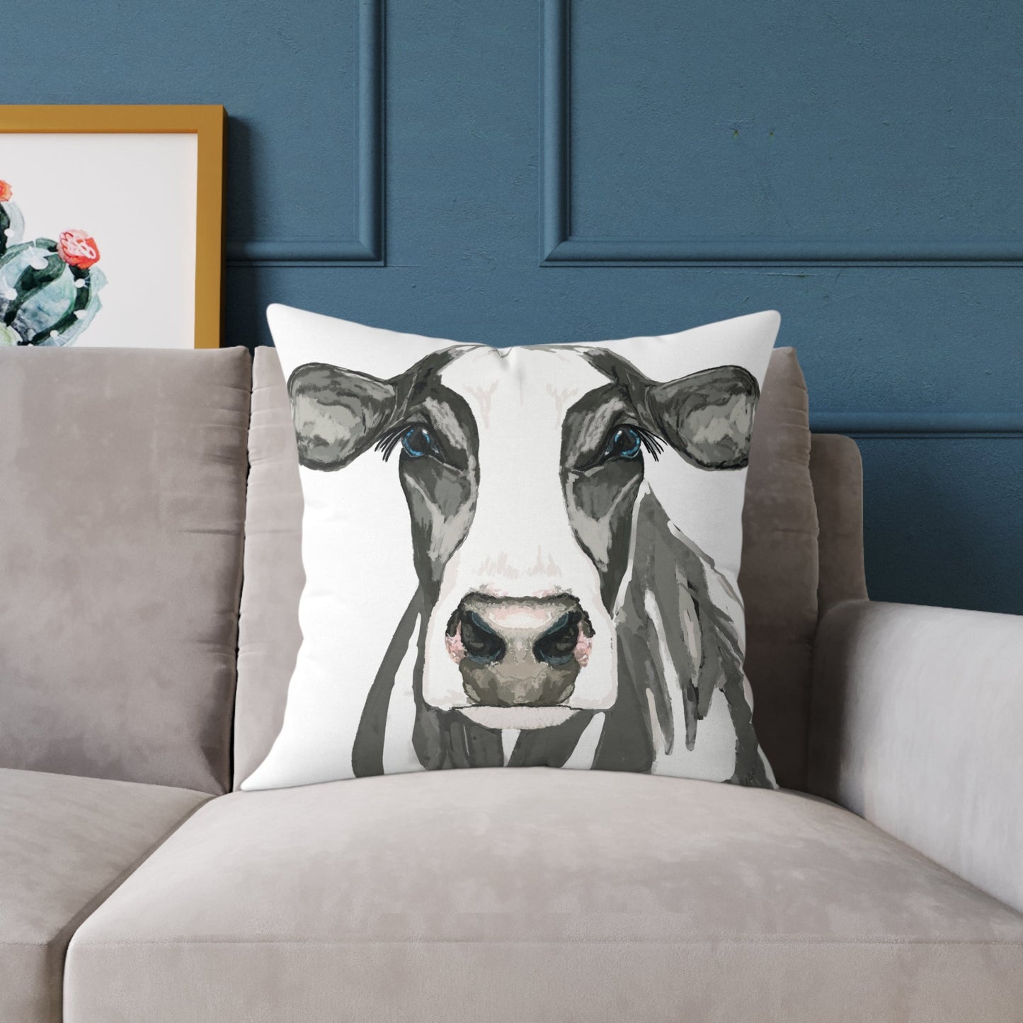 Farmhouse Cow Square Poly Canvas Pillows - Blue Cava