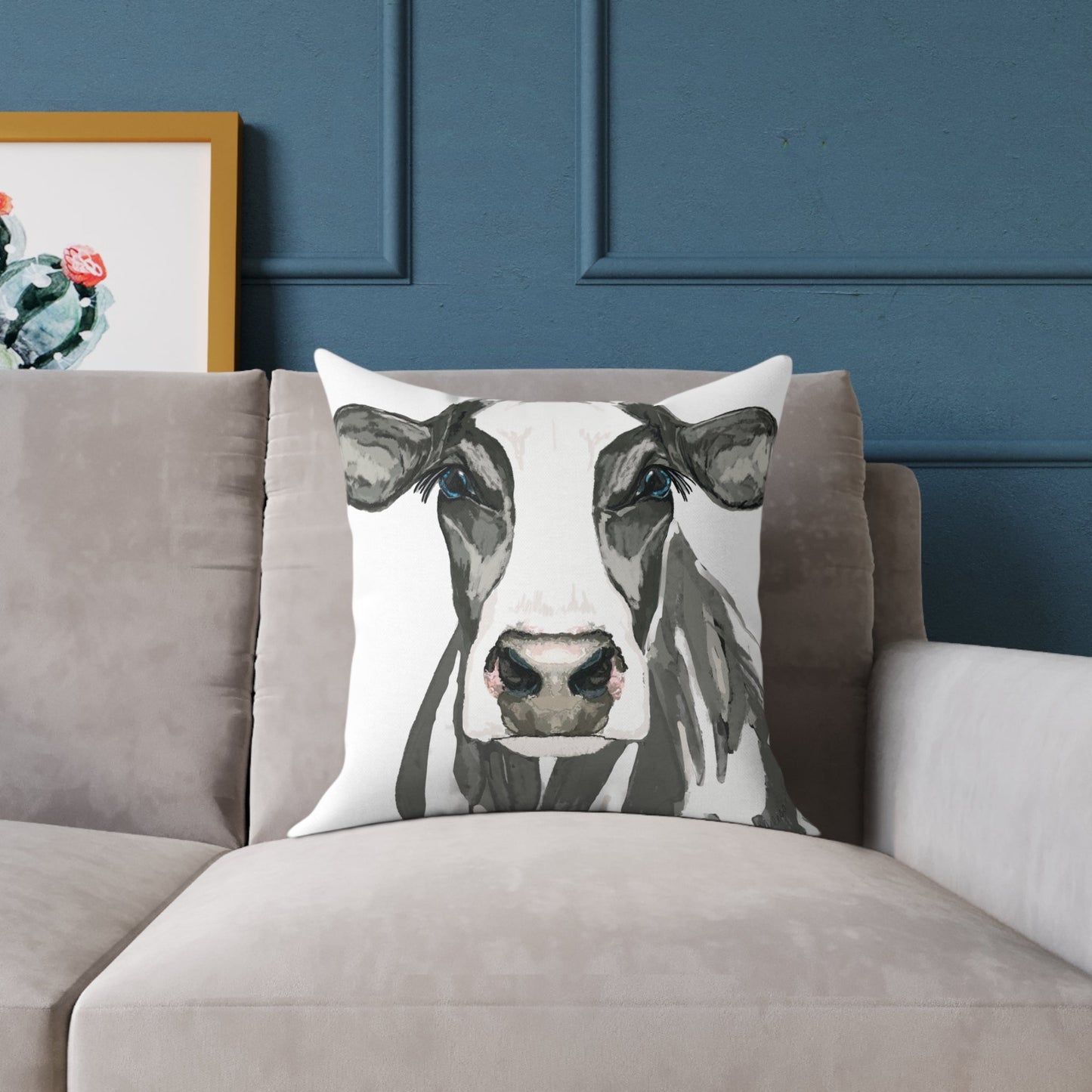 Farmhouse Cow Square Poly Canvas Pillows - Blue Cava
