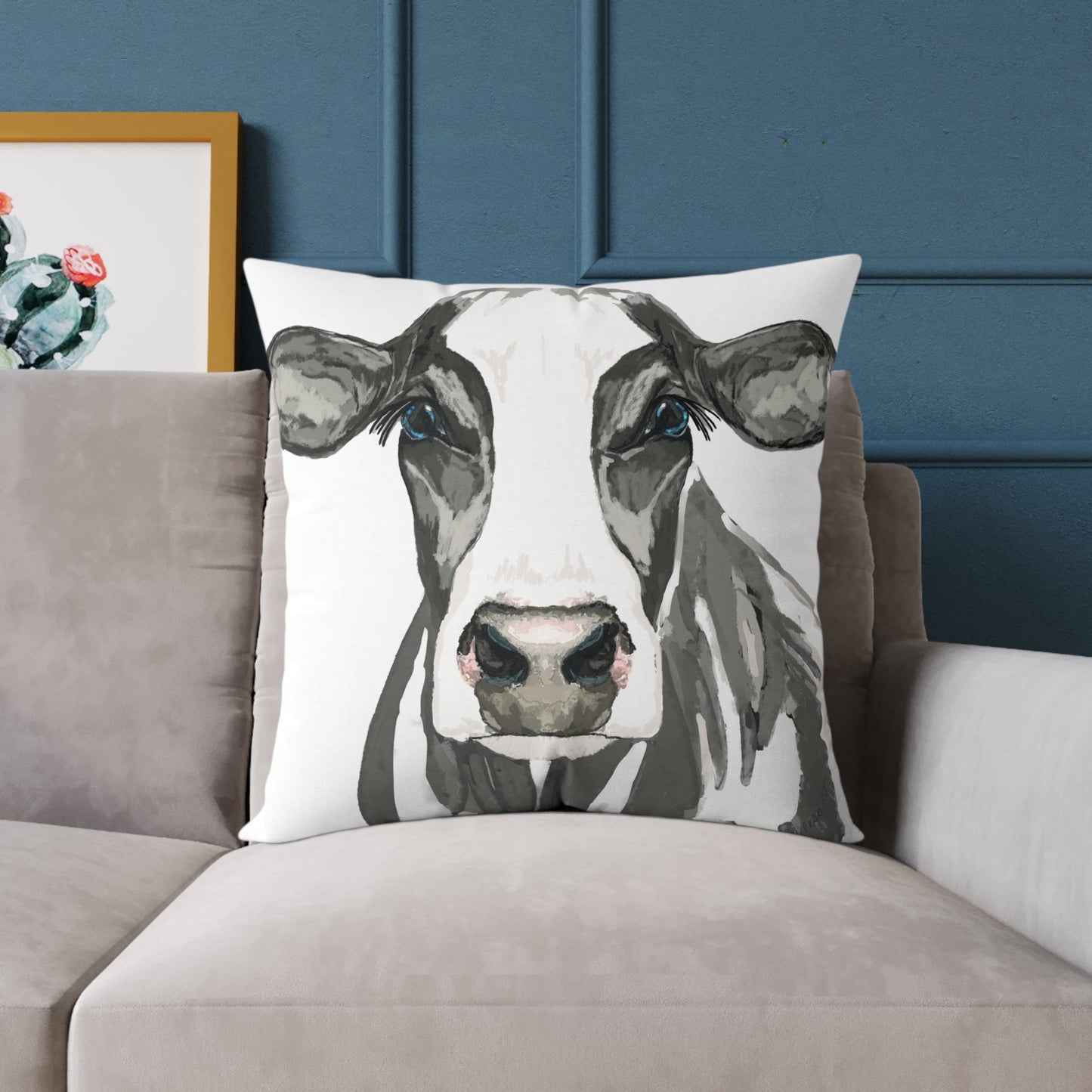 Farmhouse Cow Square Poly Canvas Pillows - Blue Cava