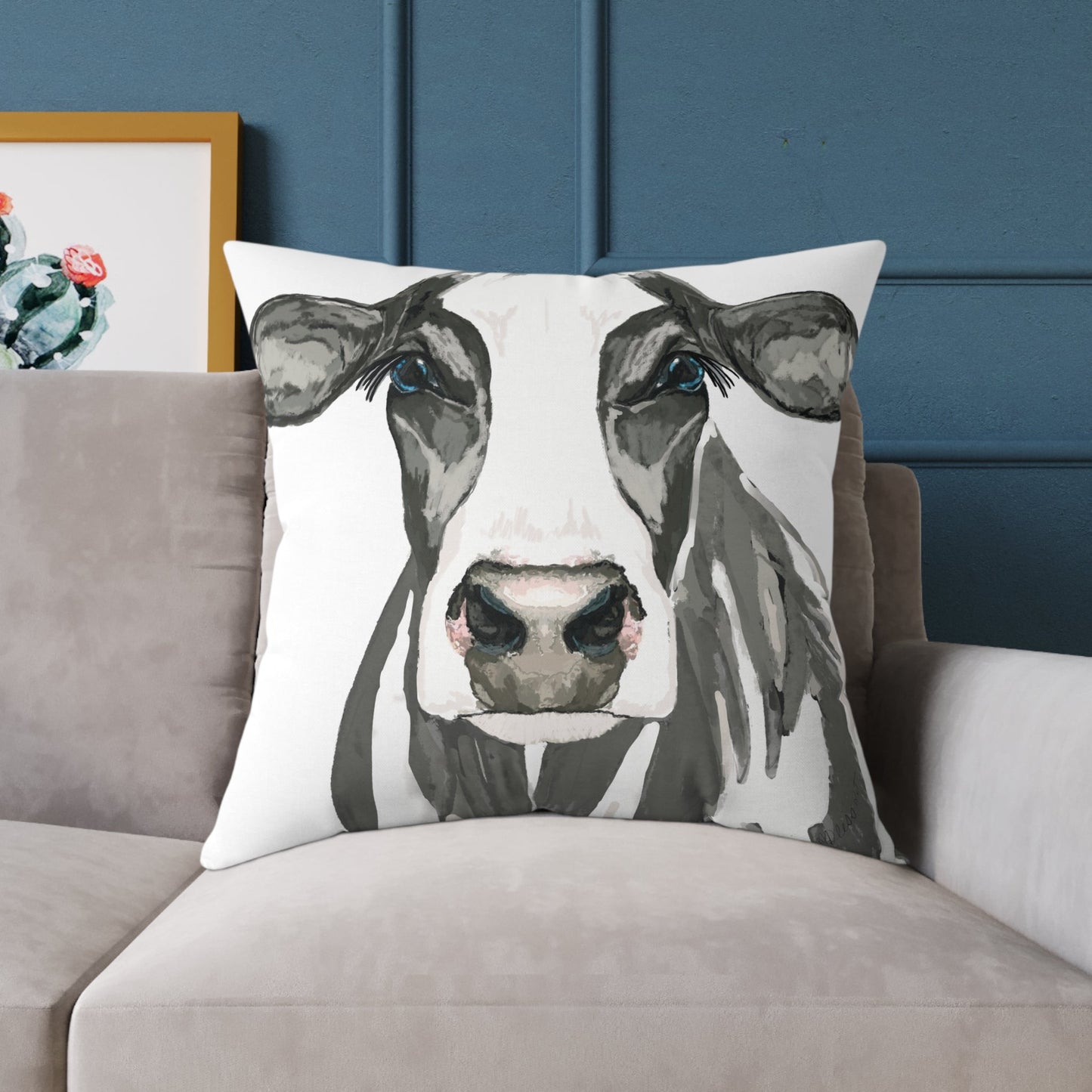 Farmhouse Cow Square Poly Canvas Pillows - Blue Cava