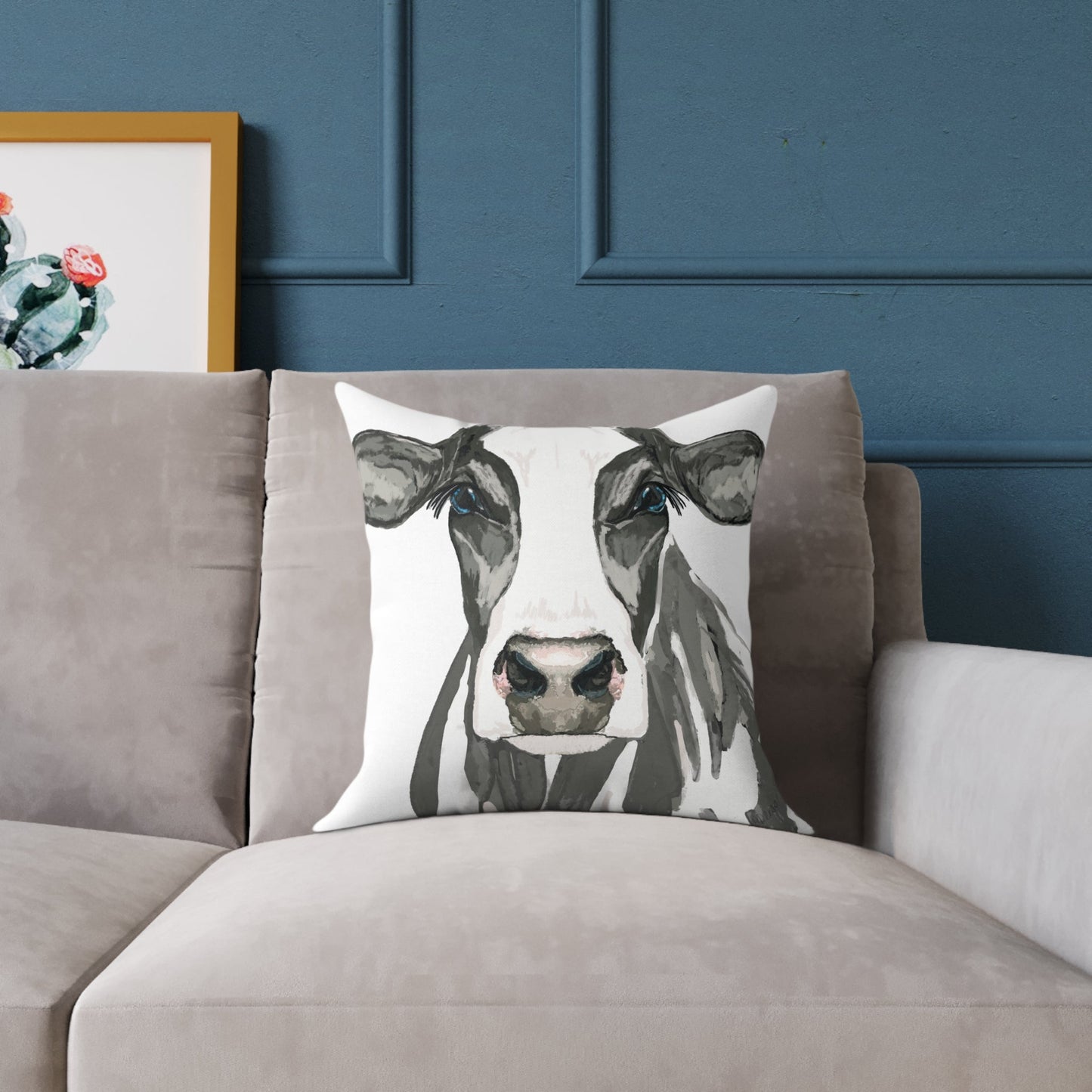 Farmhouse Cow Square Poly Canvas Pillows - Blue Cava