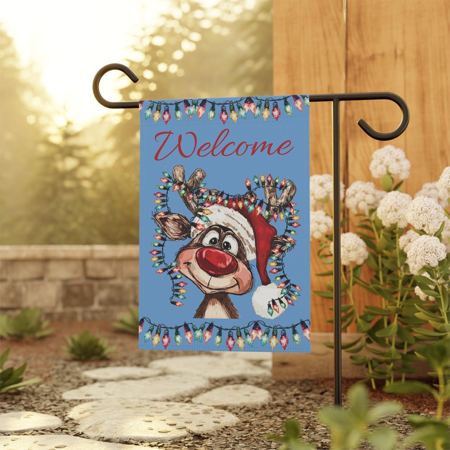 Festive Reindeer Garden Flag, Seasonal Home Decoration, Reindeer Garden Flag - Blue Cava